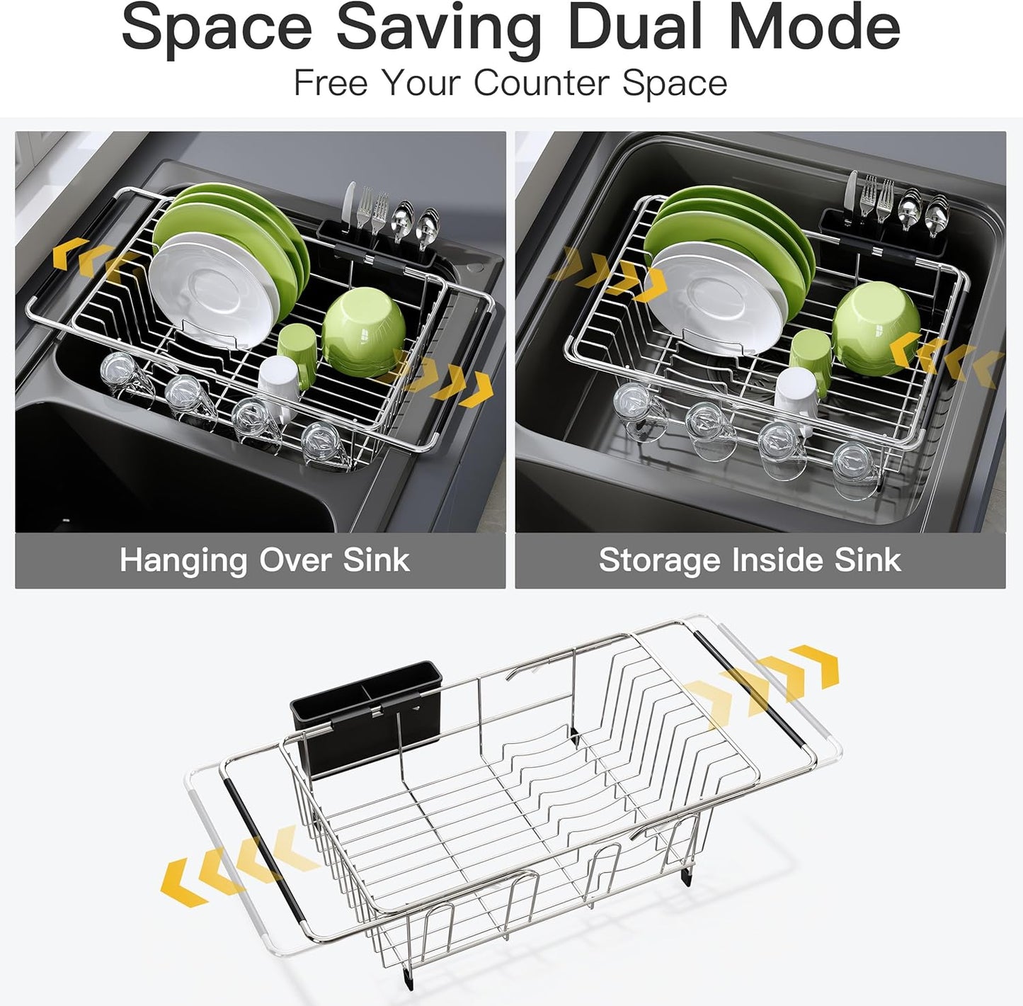 JASIWAY Dish Drying Rack in Sink, Dish Drainer with Cup and Utensil Holder | Over The Sink Expandable Stainless Steel Strainer Dryer Rack for Small Kitchen, Counter Space Saving, Fast Drain, Rustproof