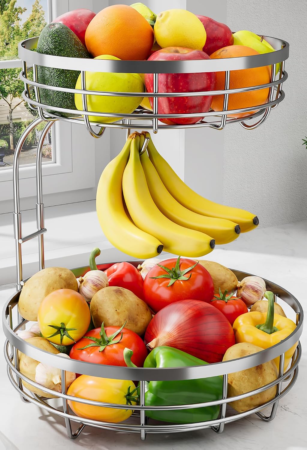 Sakugi Fruit Basket for Kitchen Counter - 2-Tier Large Capacity Fruit Bowl with Detachable Banana Hanger, Rust-Proof Metal Fruit Holder for Vegetables, Bread, Toiletry,10" D x 10" W x 14" H, Black