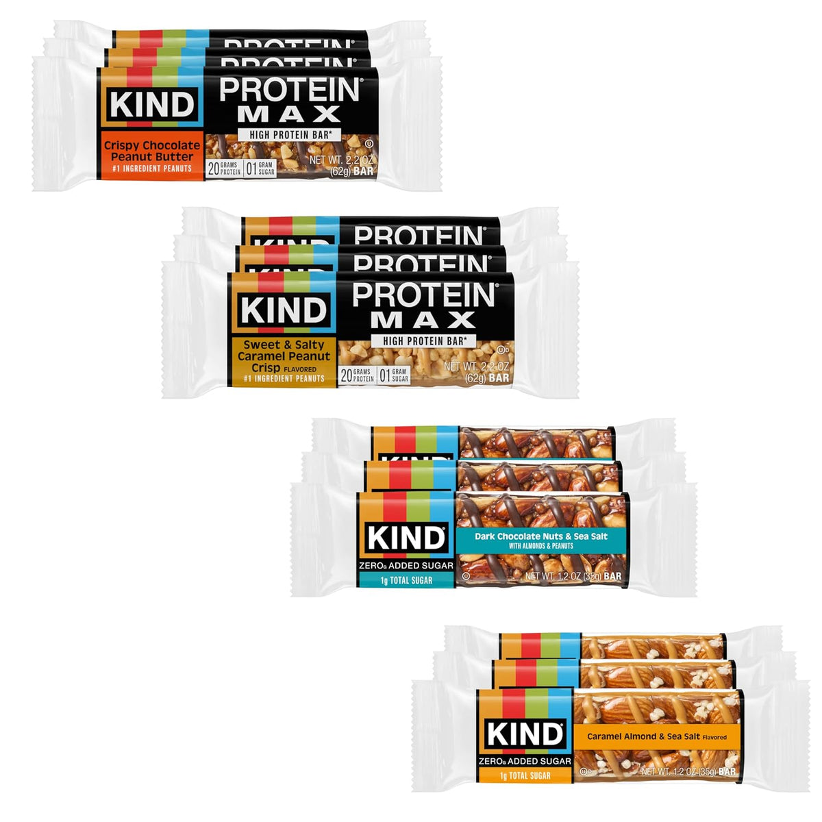 KIND Protein MAX and Zero Added Sugar Snack Bars Bundle Pack, Gluten Free, High Fiber, Keto Friendly, 12 Count