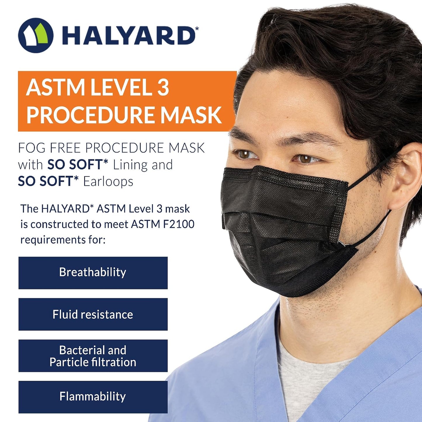 Halyard Black Disposable Face Mask with Earloops, ASTM LEVEL 3, Fog-Free, Pleat Style, 4-Layer Construction