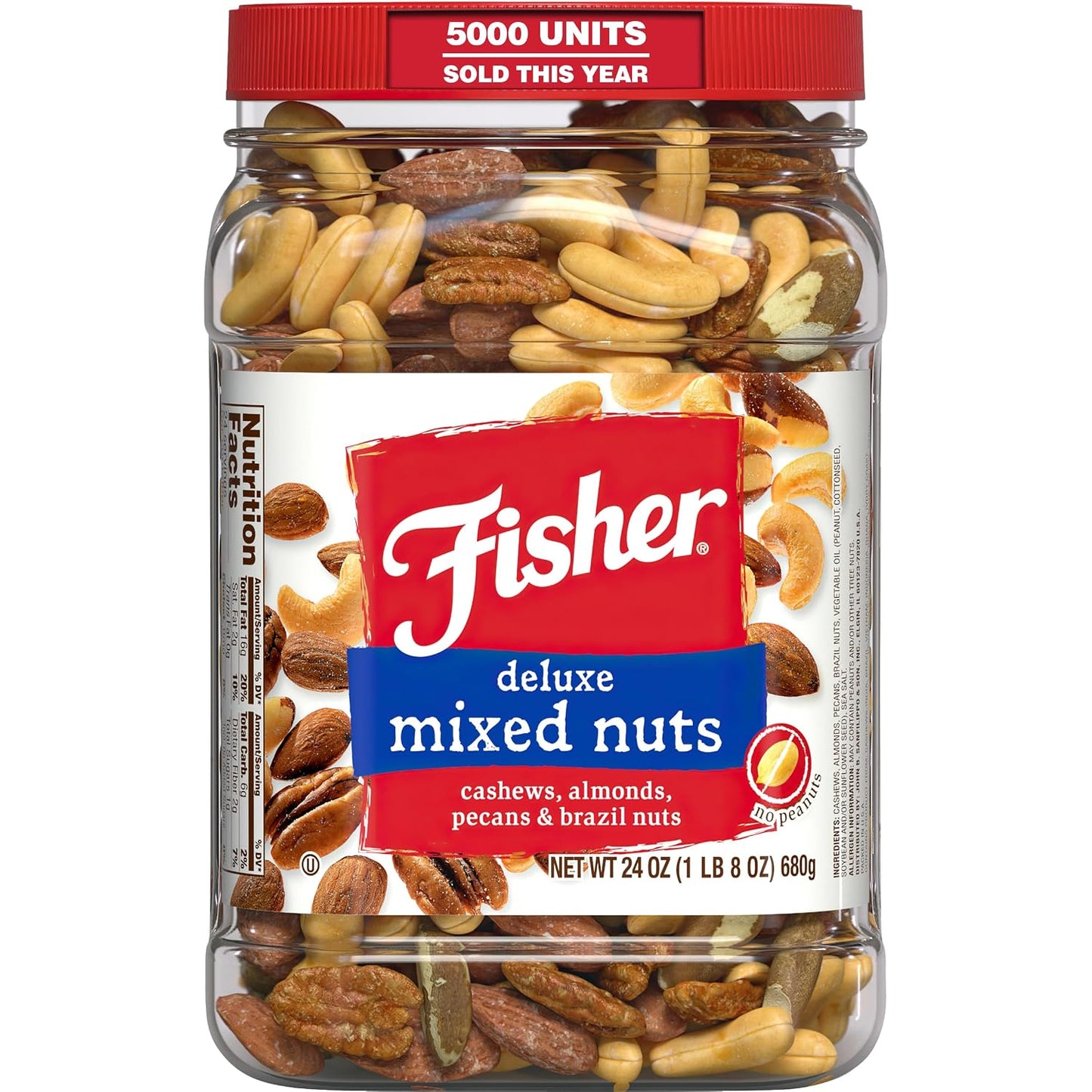 Fisher Snack Honey Roasted Mixed Nuts with Peanuts, 24 Ounces, Reusable Canister