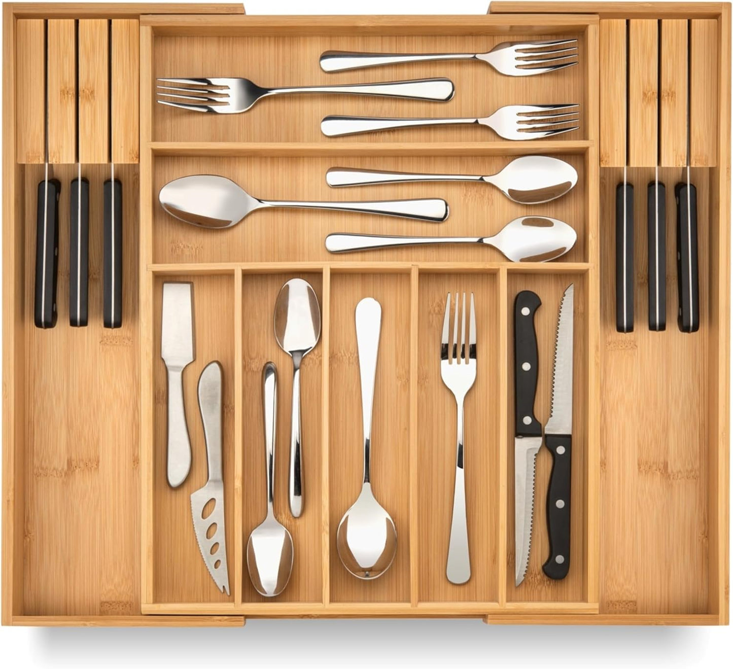 Purawood Bamboo Drawer Organizer - Expandable Silverware Organizer & Utensil Drawer Organizer, Cutlery Tray with Dividers, 7-9 Slots- Kitchen Organizer for Utensils & Flatware (Natural)