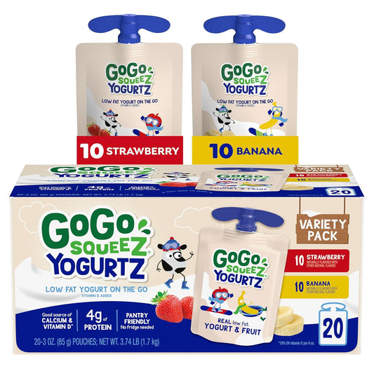 GoGo squeeZ Low Fat YogurtZ Variety Pack, 20 Pouches, Kids Snacks, Real Yogurt and Fruit, Gluten Free, Nut Free, BPA Free