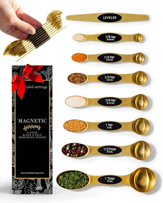 Styled Settings Magnetic Measuring Spoons Set, Gold | Stainless Steel Gold Measuring Spoons for Cooking and Baking - Cute and Durable Gold Kitchen Accessories - Great for Gifting