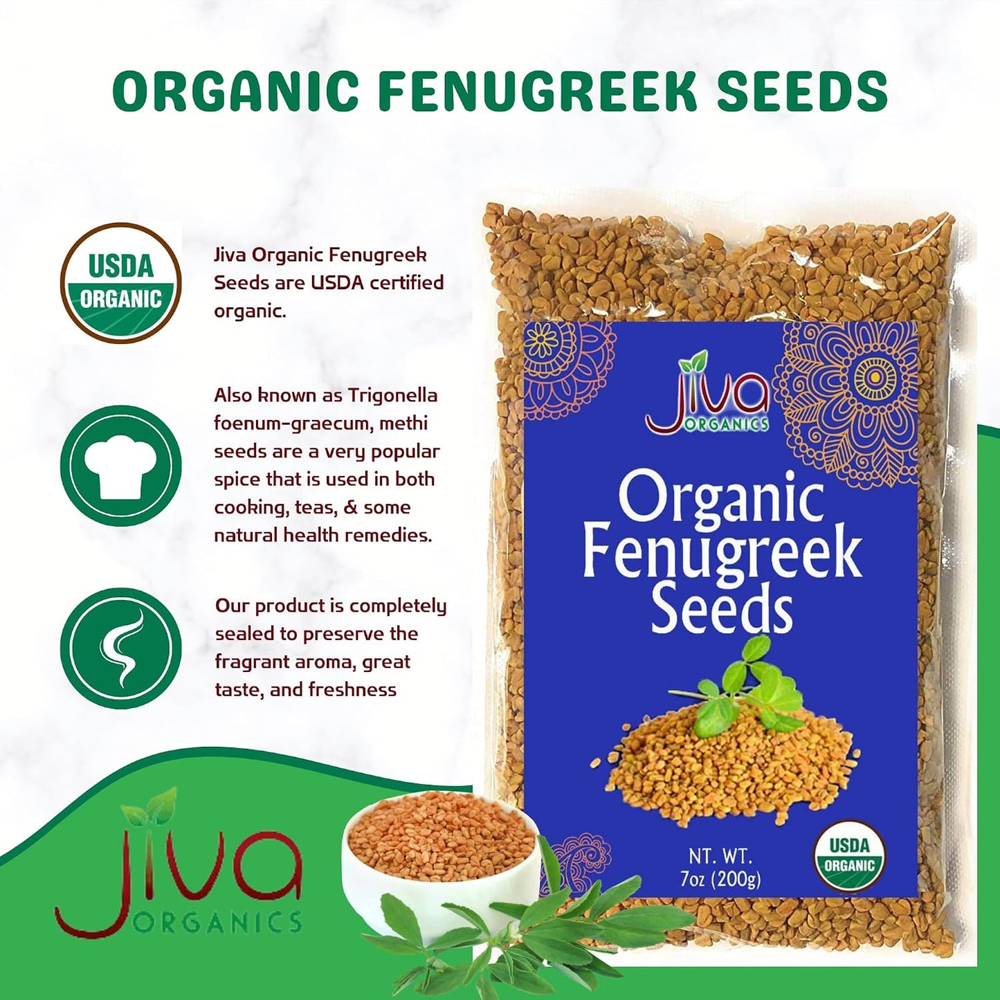 Jiva Organic Fenugreek Seeds 7 Ounce - Non-GMO, Gluten Free, All Natural Fenugreek Spice - USDA Certified, Product of India