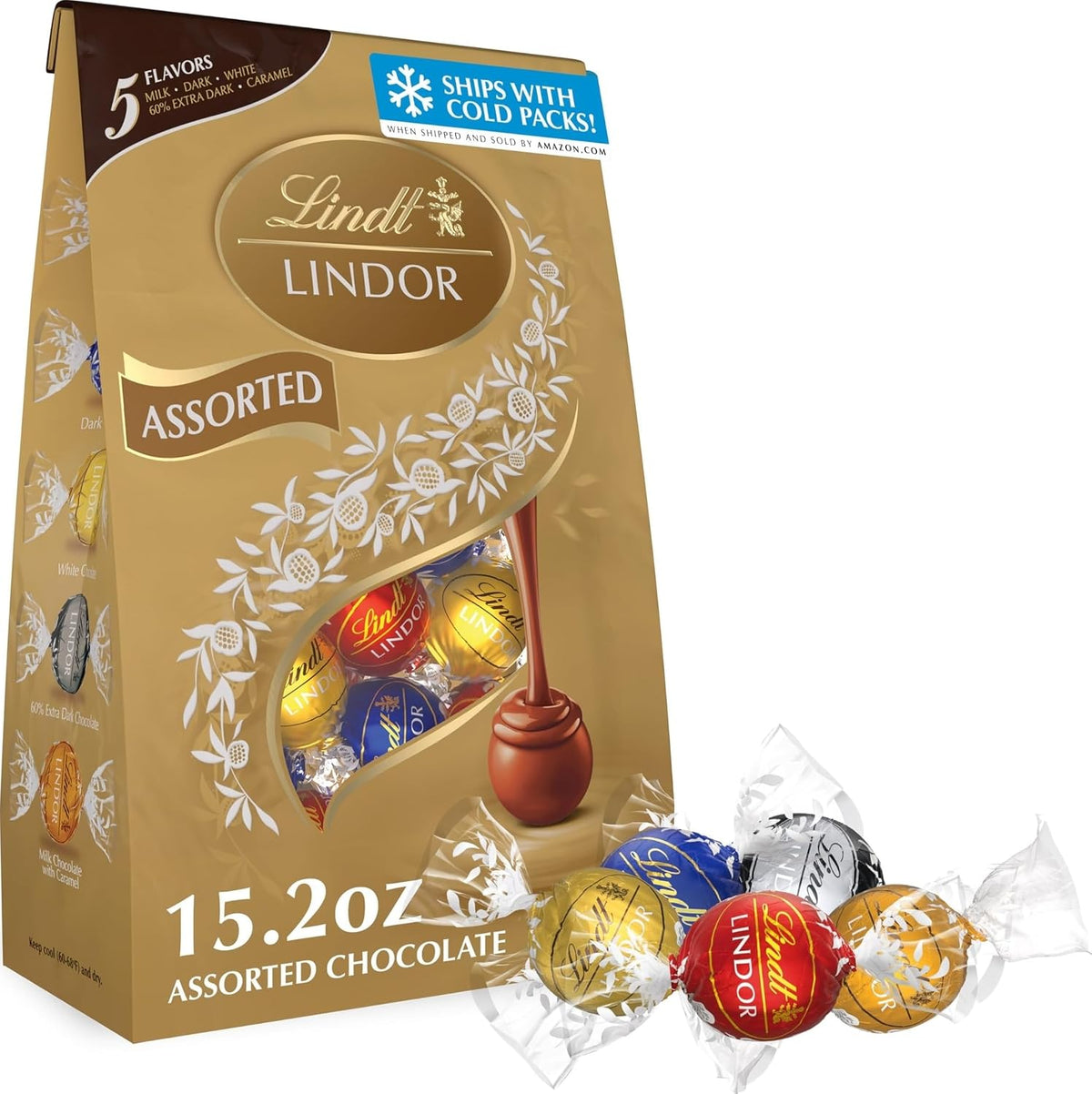 Lindt LINDOR Assorted Chocolate Candy Truffles, Chocolate with Smooth, Melting Truffle Center, 15.2 oz. Bag