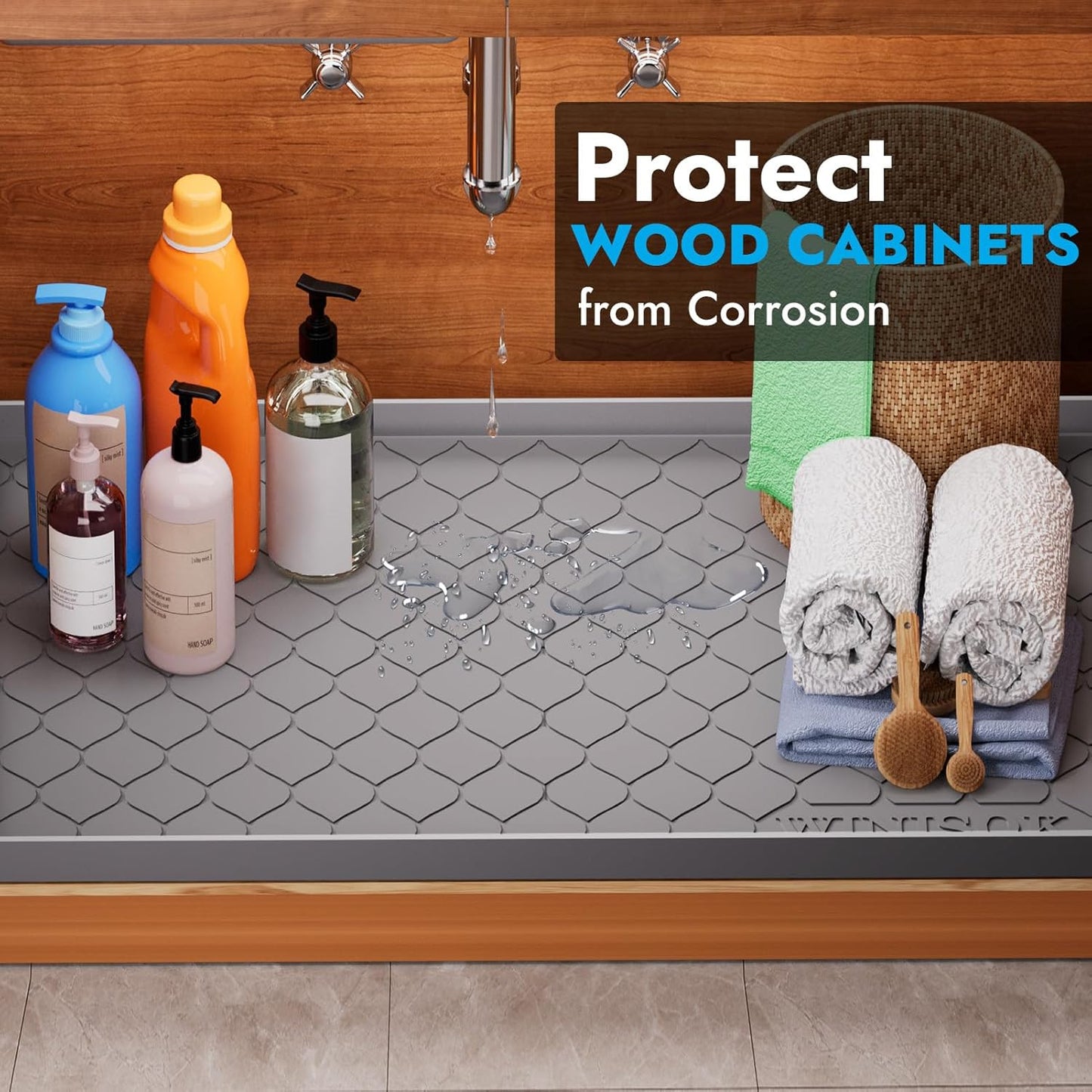 Winisok Waterproof Under Sink Mat 34" x 22", Silicone Mat, Black | Raised Edge Traps Spills & Leaks, Shelf Liner, Cabinet Protector, for Kitchen, Bathroom, Boots, Pets, Home Essentials