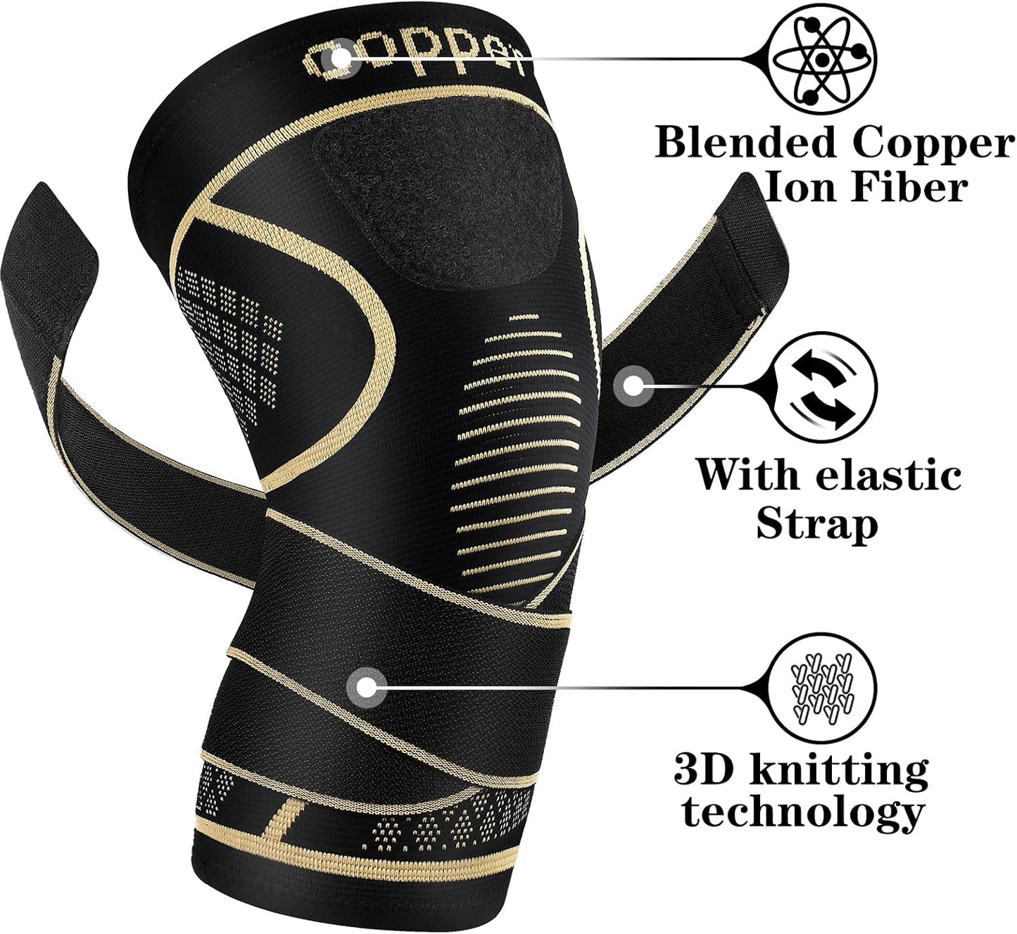 Copper Knee Braces with Strap for Knee Pain Relief, 2 Pack, Medium Size