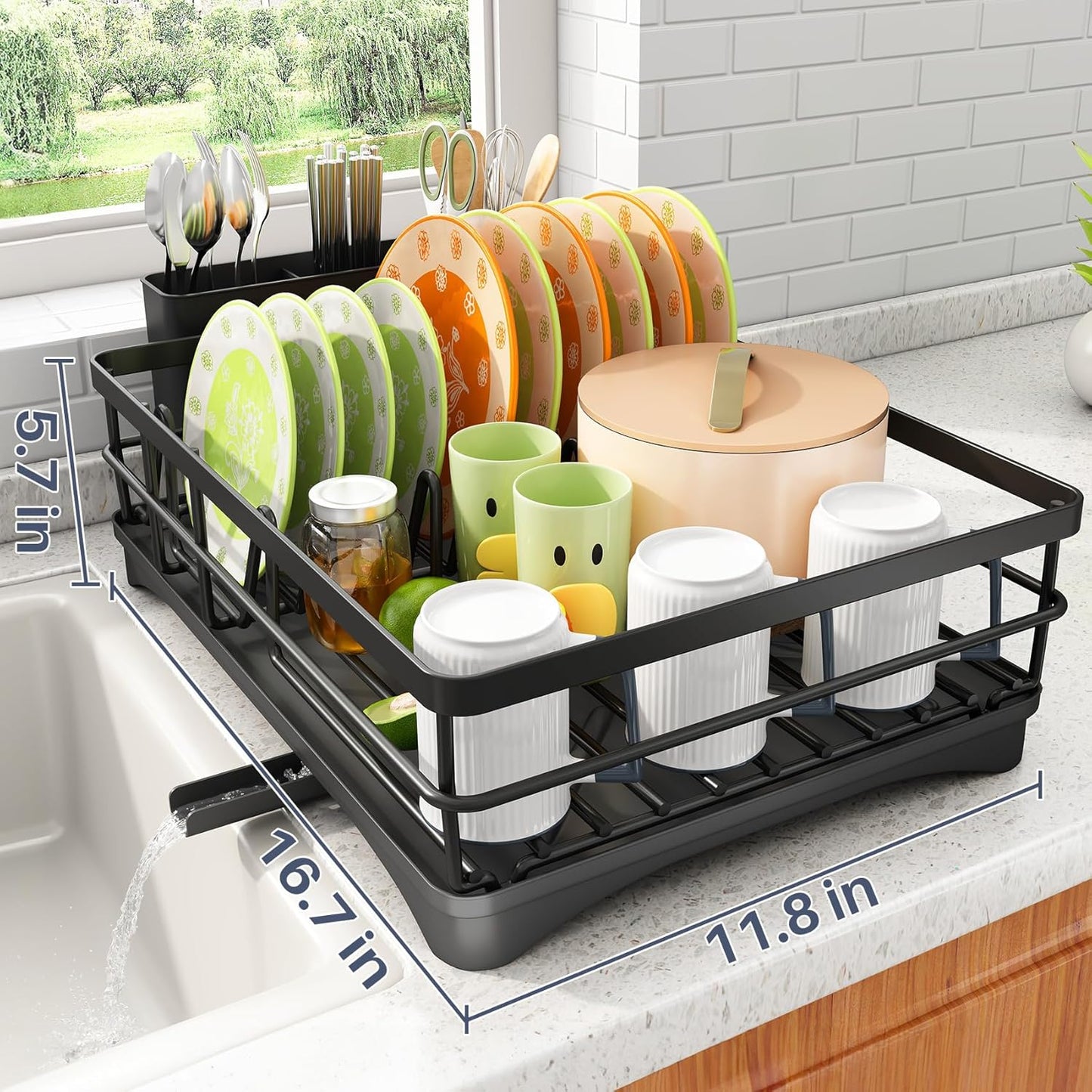 SAYZH Dish Drying Rack for Kitchen Counter with Utensil Holder, Black | Stainless Steel, Large Capacity, Angled Drainboard, Rotating Spout, Removable to Clean