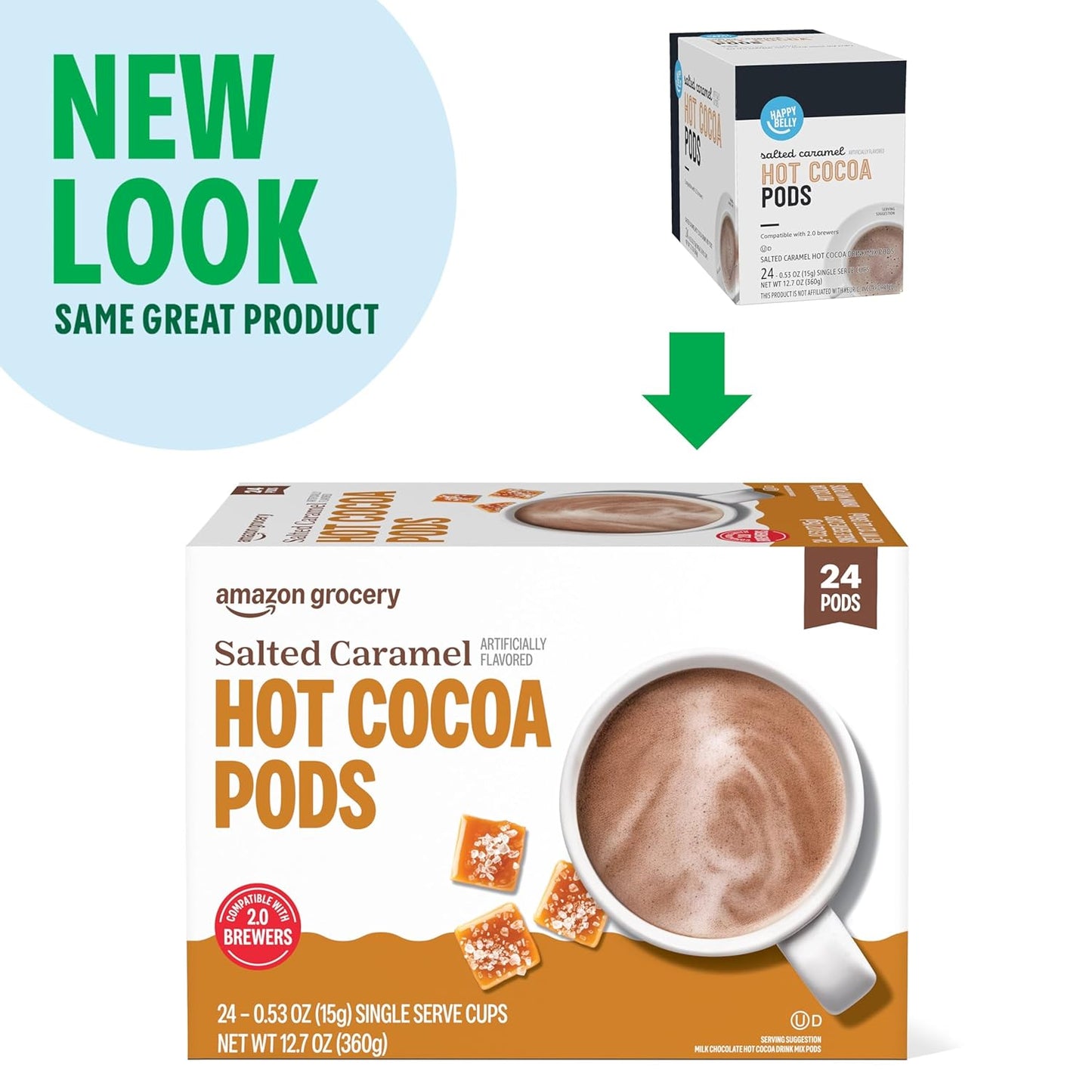 Amazon Brand - Happy Belly Hot Cocoa Pods Compatible with 2.0 K-Cup Brewers, Salted Caramel Flavored, 24 Count