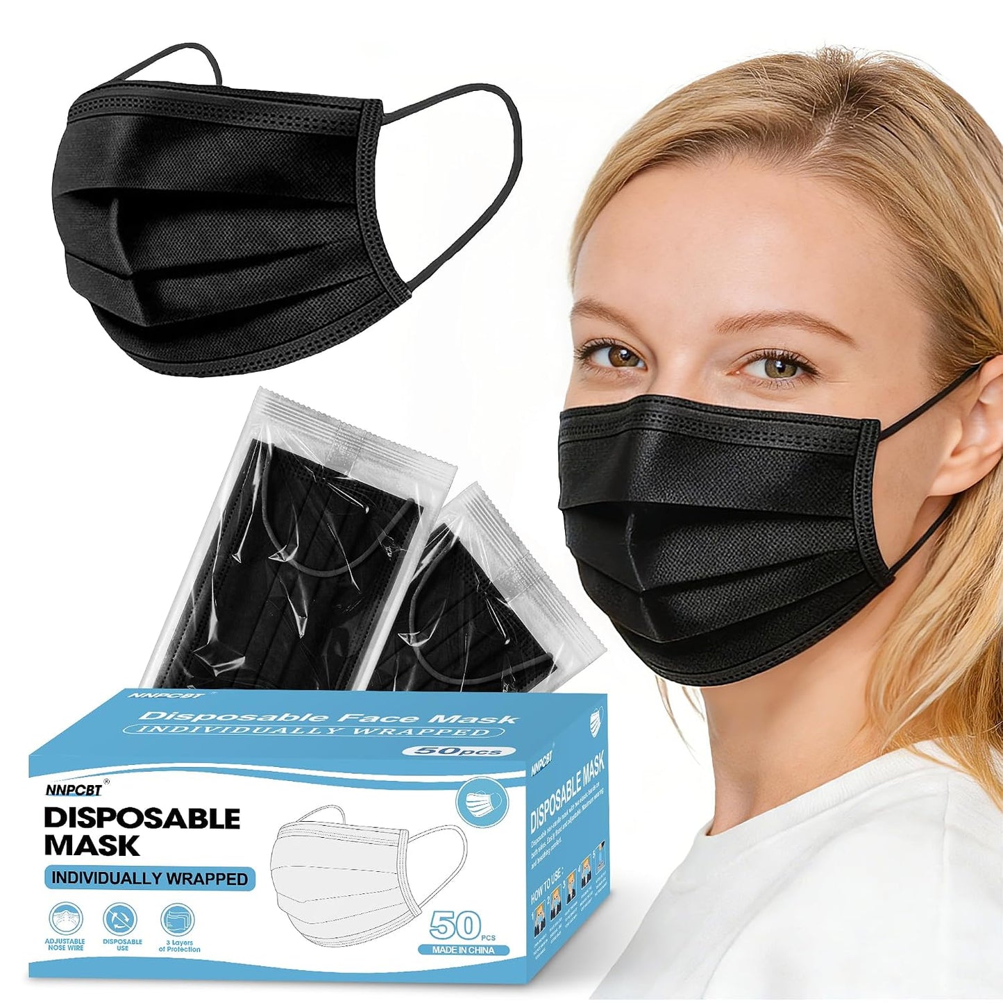 NNPCBT 100PCS 3 Ply Black Disposable Face Mask Filter Protection