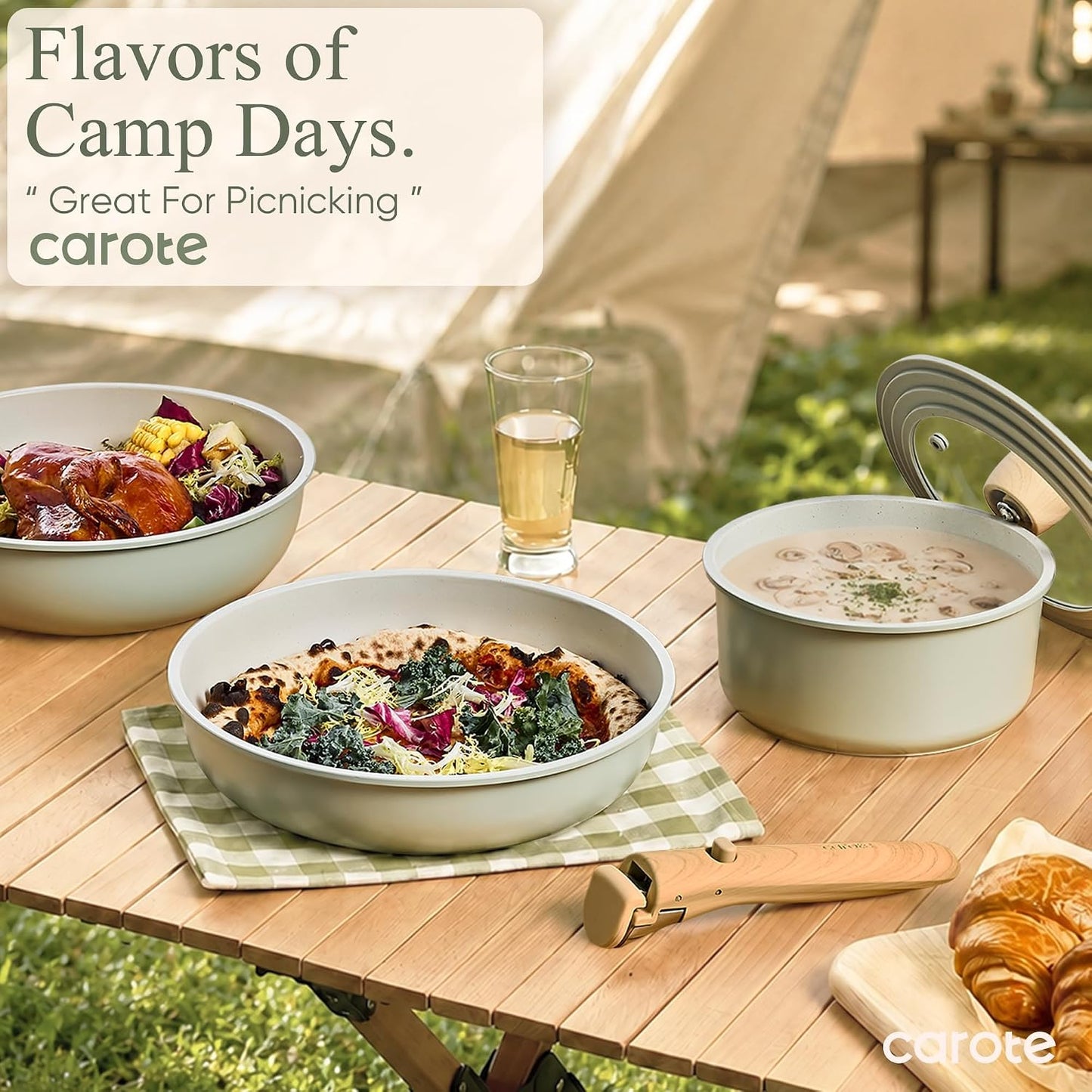 CAROTE 19pcs Pots and Pans Set Non Stick, Detachable Handle Cookware | Kitchen Cooking Sets, Space Saving, Dishwasher & Oven Safe, Non-Toxic, for Camping/RV/Traveling, Sage Green