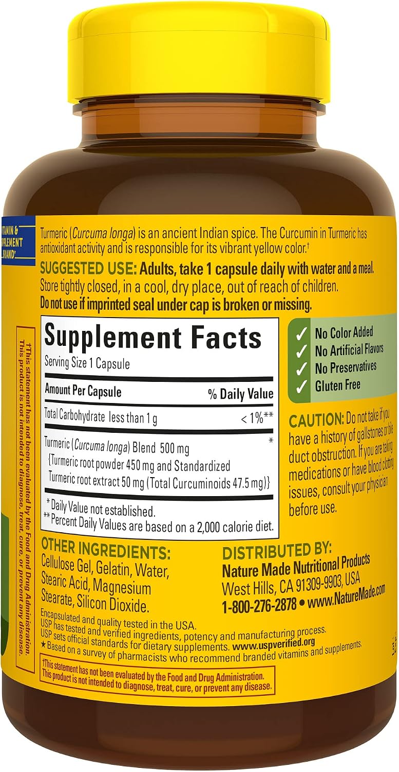Nature Made Turmeric Curcumin 500 mg, Turmeric Curcumin Supplement for Antioxidant Support, Herbal Supplements, 120 Capsules, 120 Day Supply