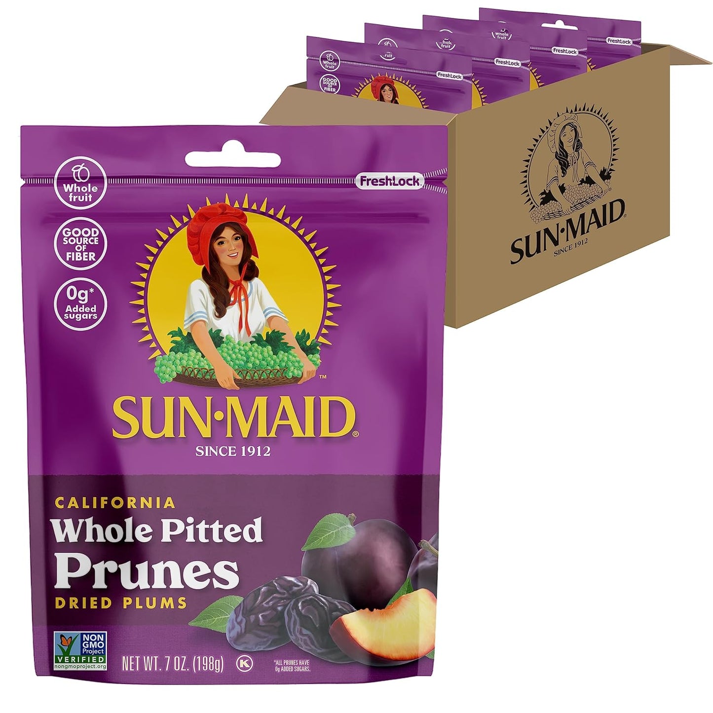Sun-Maid California Sun-Dried Whole Pitted Prunes 4 Pack 7 oz Resealable Bag