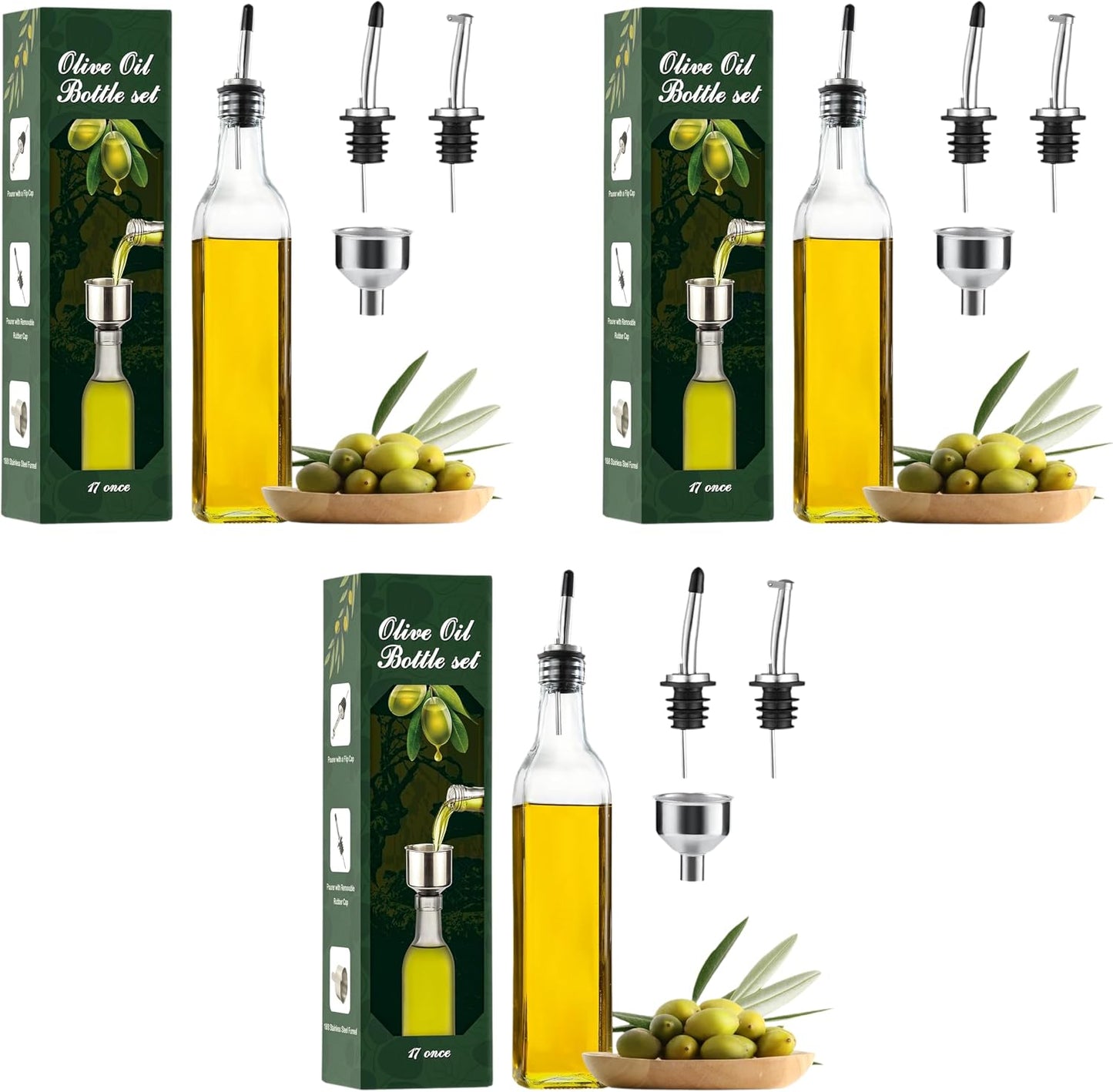 AOZITA 17oz Glass Olive Oil Bottle Dispenser - 500ml Green Oil and Vinegar Cruet with Pourers and Funnel - Olive Oil Carafe Decanter for Kitchen