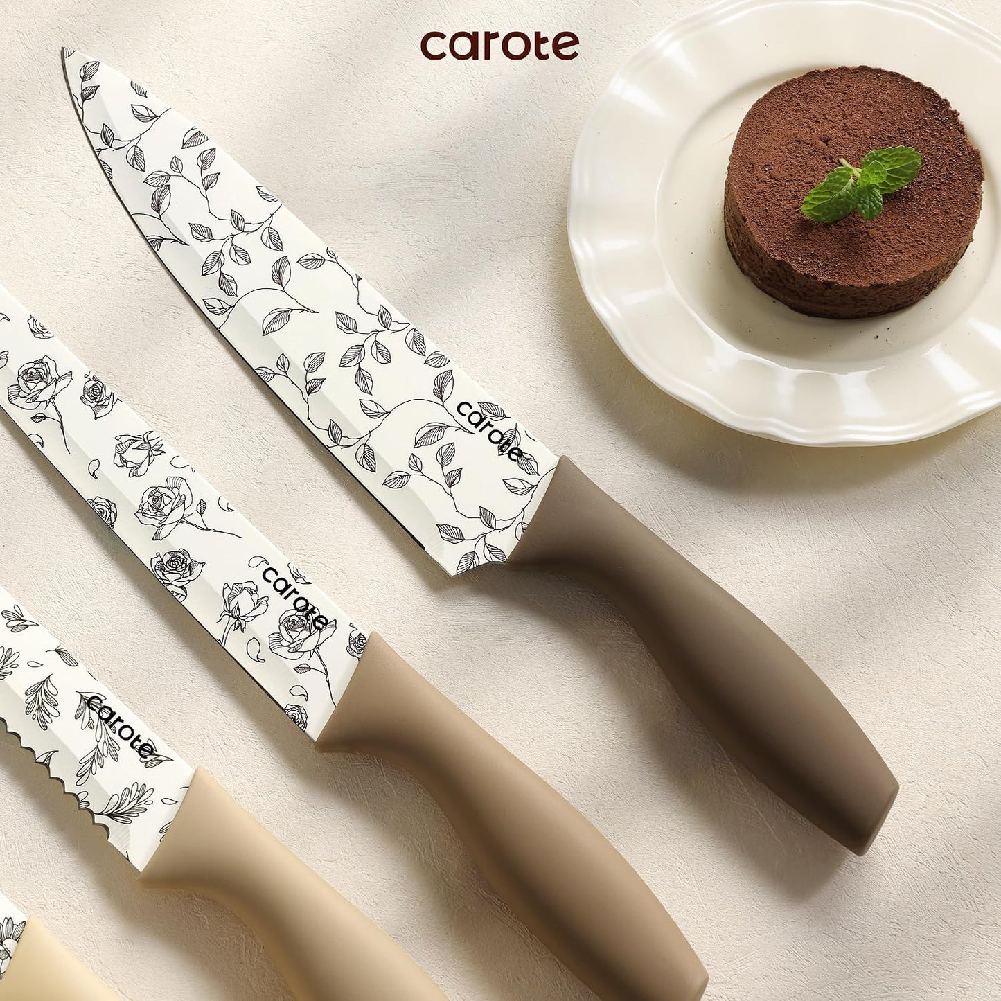 CAROTE Kitchen Knife Set, 6 Floral Knives with 6 Blade Guards, 12-Piece | Stainless Steel Blades, Ceramic Nonstick Coating, Long-Lasting Sharpness, Rust-Resistant, Non-Slip, Dishwasher Safe