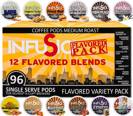 InfuSio Flavored Coffee Pods Variety Pack, 96 Count, 12 Medium Roast Blends, Compatible with Keurig K-Cup 2.0 Brewers