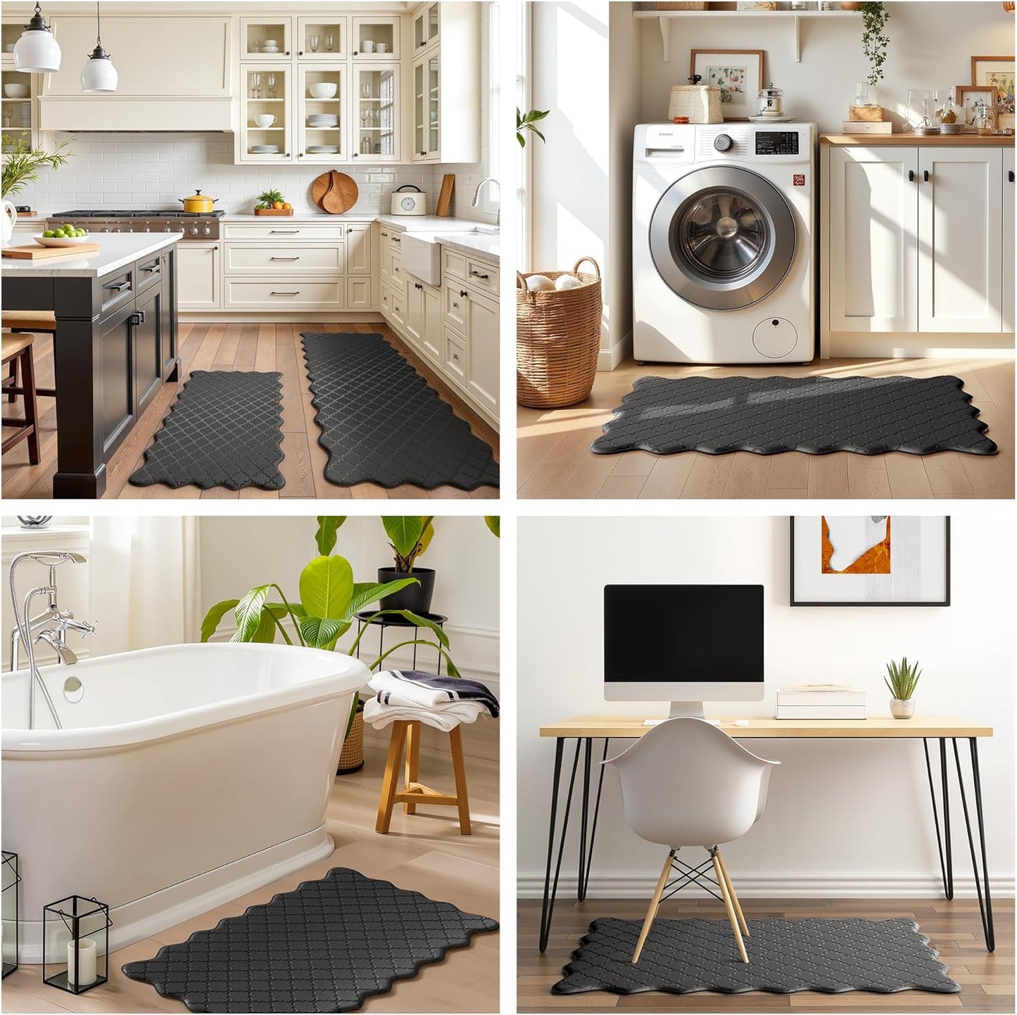 Arenarug Upgrade Scalloped Embossed Kitchen Mats for Floor 2PCS Cushioned Anti Fatigue Waterproof Foam Kitchen Rugs Non Slip Washable Comfort Standing Mat for Office Sink Laundry, Black