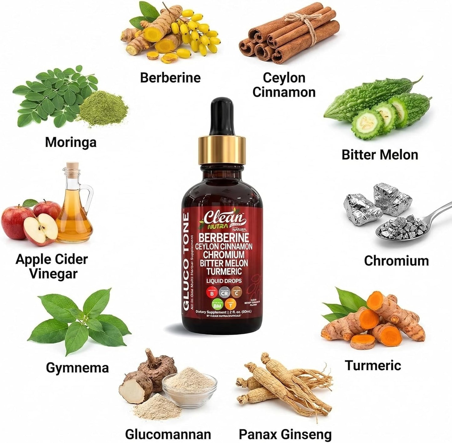 Clean Nutra Berberine with Ceylon Cinnamon Supplement Liquid Drops + Bitter Melon Extract, Glucomannan, Gymnema, Chromium, Turmeric, Organic Panax Ginseng, Moringa