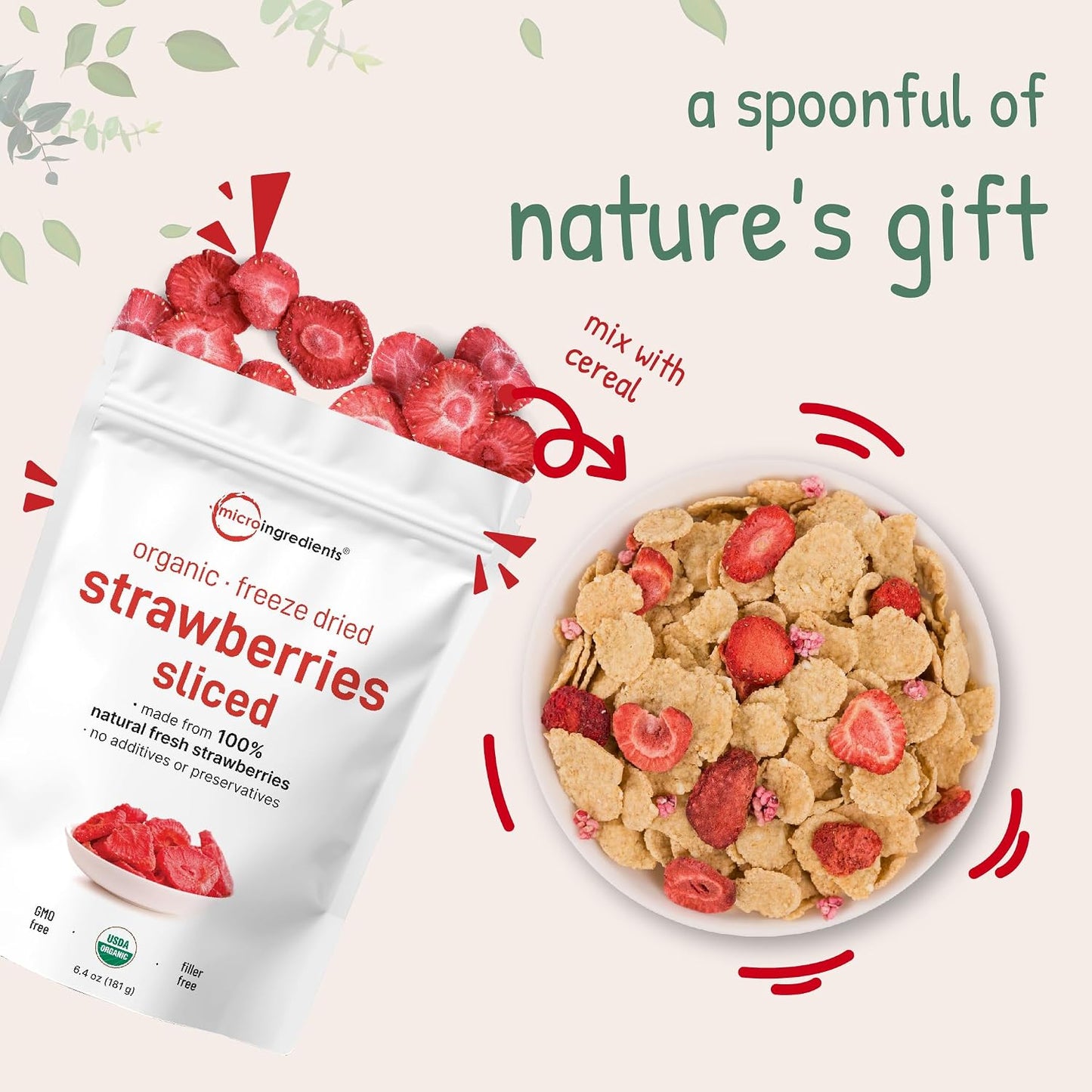 Organic Freeze-Dried Strawberries Sliced, 6.4oz, No Sugar or Additives