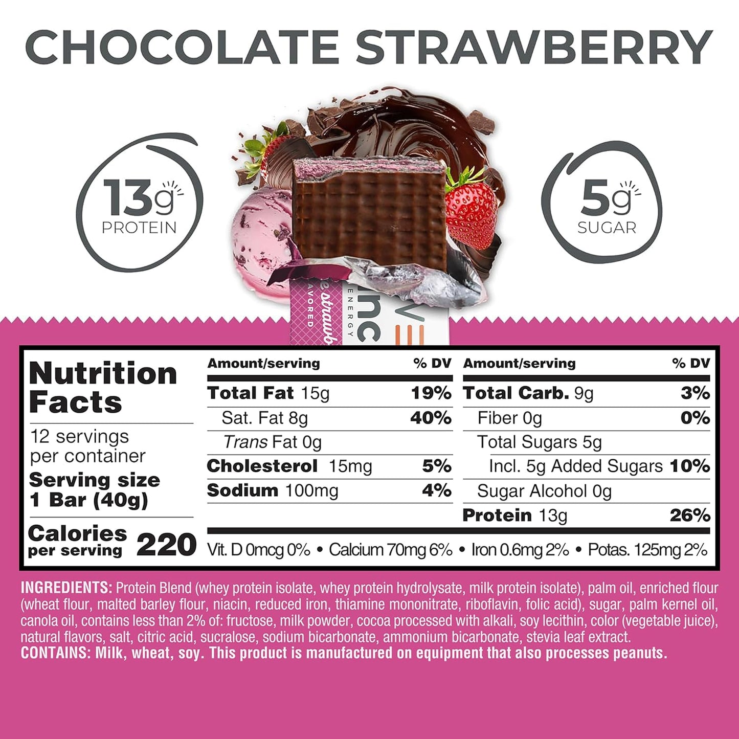 Power Crunch Protein Energy Wafer Bars, Chocolate Strawberry, 1.4 Ounce, 12 Count