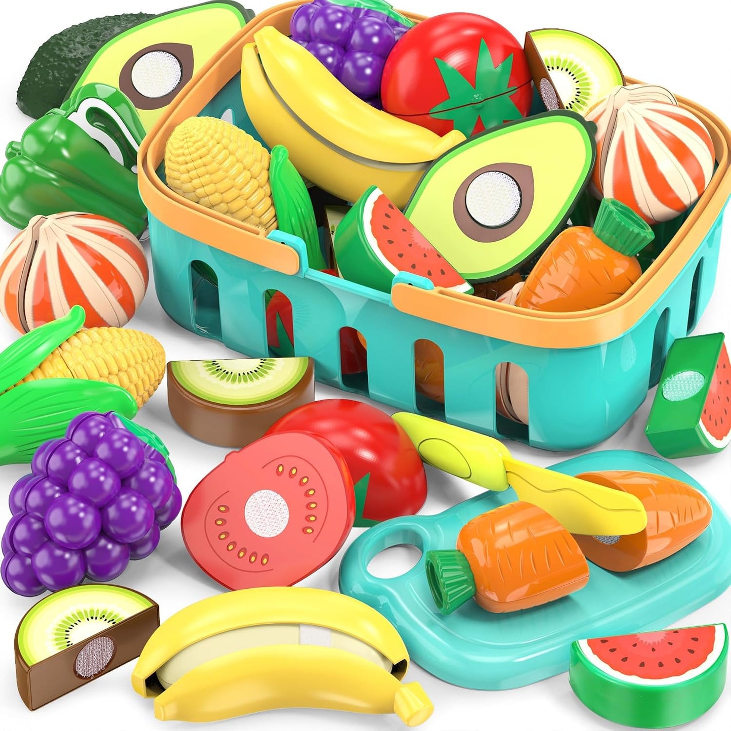 Cutting Play Food Toys for Kid, Pretend Play Kitchen Accessories, Fake Food | Fake Fruits/Vegetables Set With Shopping Storage Basket, Plastic Board And Knife, Birthday Gifts/Educational Toy For Toddler