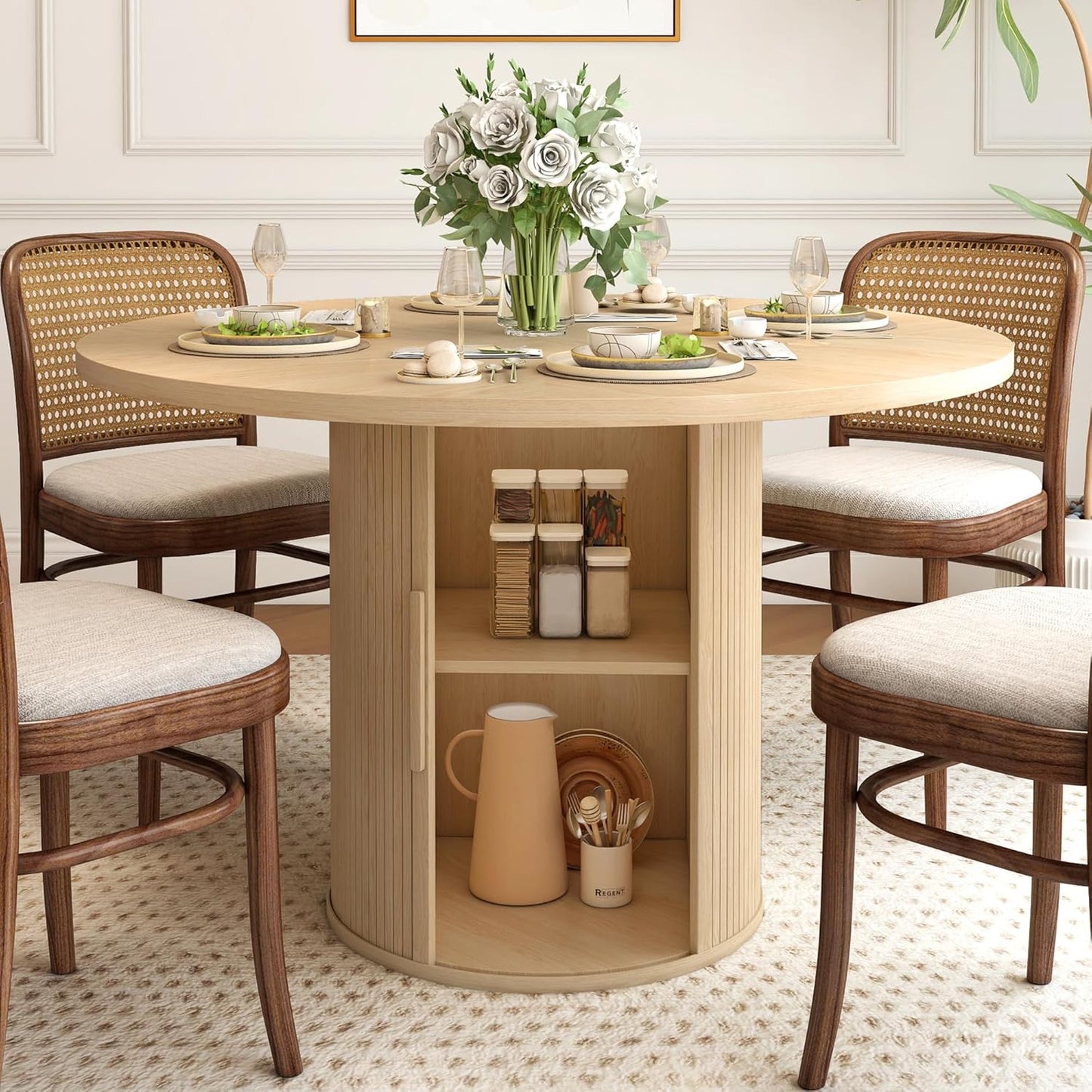 47 inch Round Dining Table for 4, Kitchen Table Dinner Table with 2-Layer Storage Shelf and Wood Slide Door for Home Dining Room Living Room (Natural)