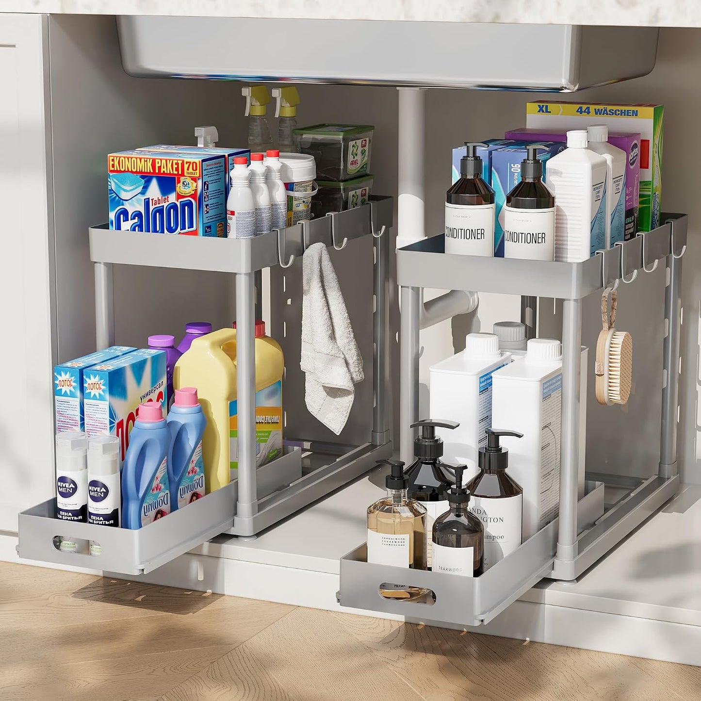 2 Pack Pull-Out Storage Organizers, Under Sink Organizer and Storage for Bathroom & Kitchen,Multi-Purpose Under Cabinet Organizers and storage Black