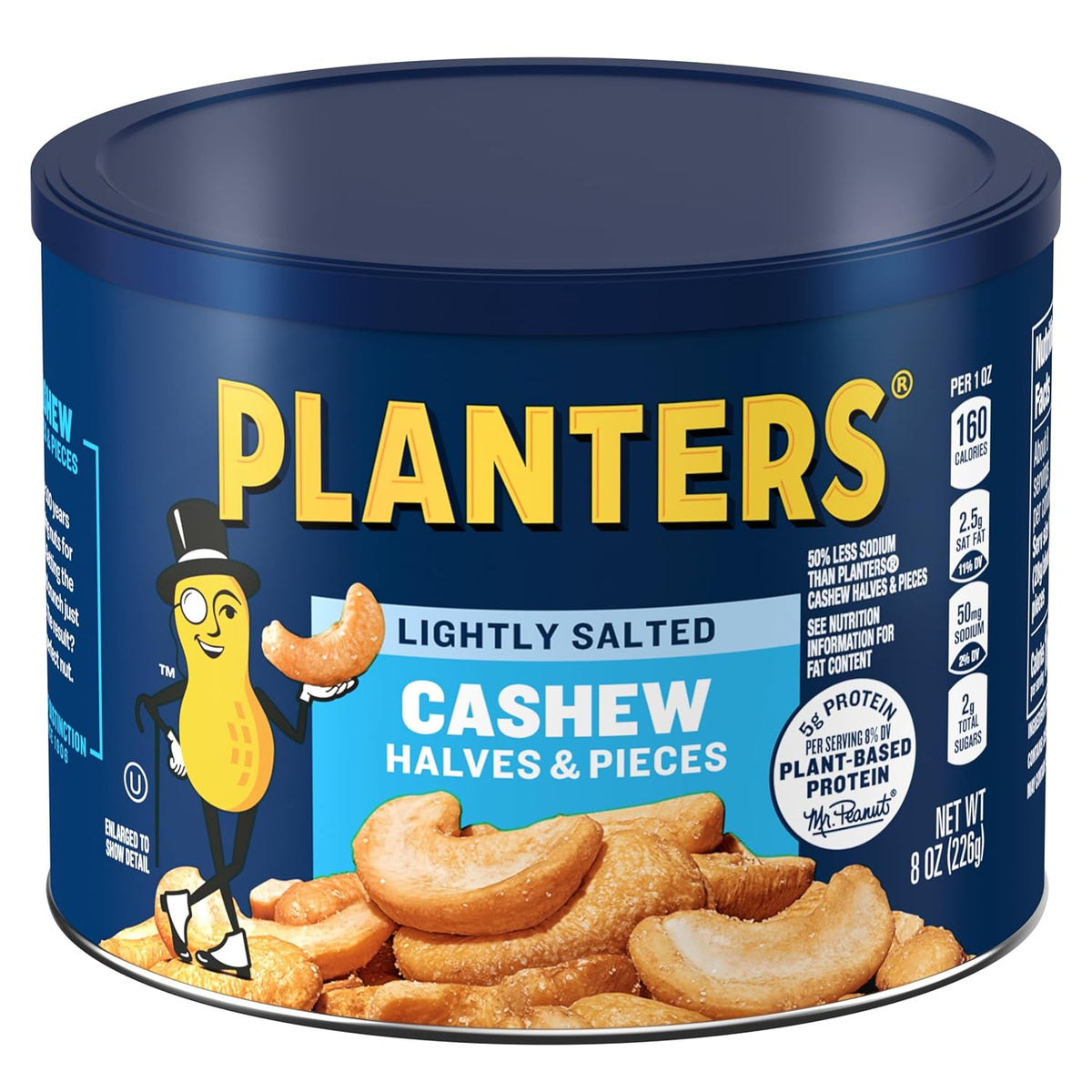 PLANTERS Lightly Salted Cashews - Cashew Halves & Pieces, Plant-Based Protein, 8 Oz Canister