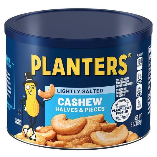 PLANTERS Lightly Salted Cashews - Cashew Halves & Pieces, Plant-Based Protein, 8 Oz Canister