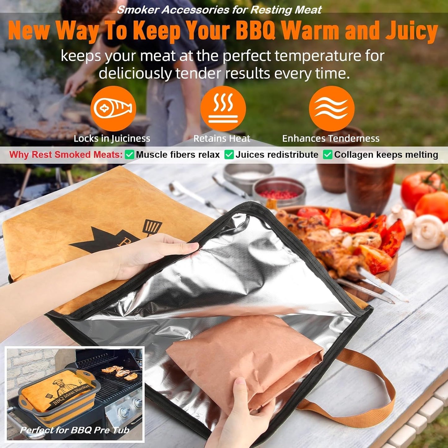 Bolycen 21 in BBQ Blanket for Resting Meat, Insulated Meat Resting Bag | Smoker Accessories, Gift for Men, 5-Layer, Wide Mouth, Reusable, Leak-Resistant, Foldable, for Turkey, Brisket and Pork