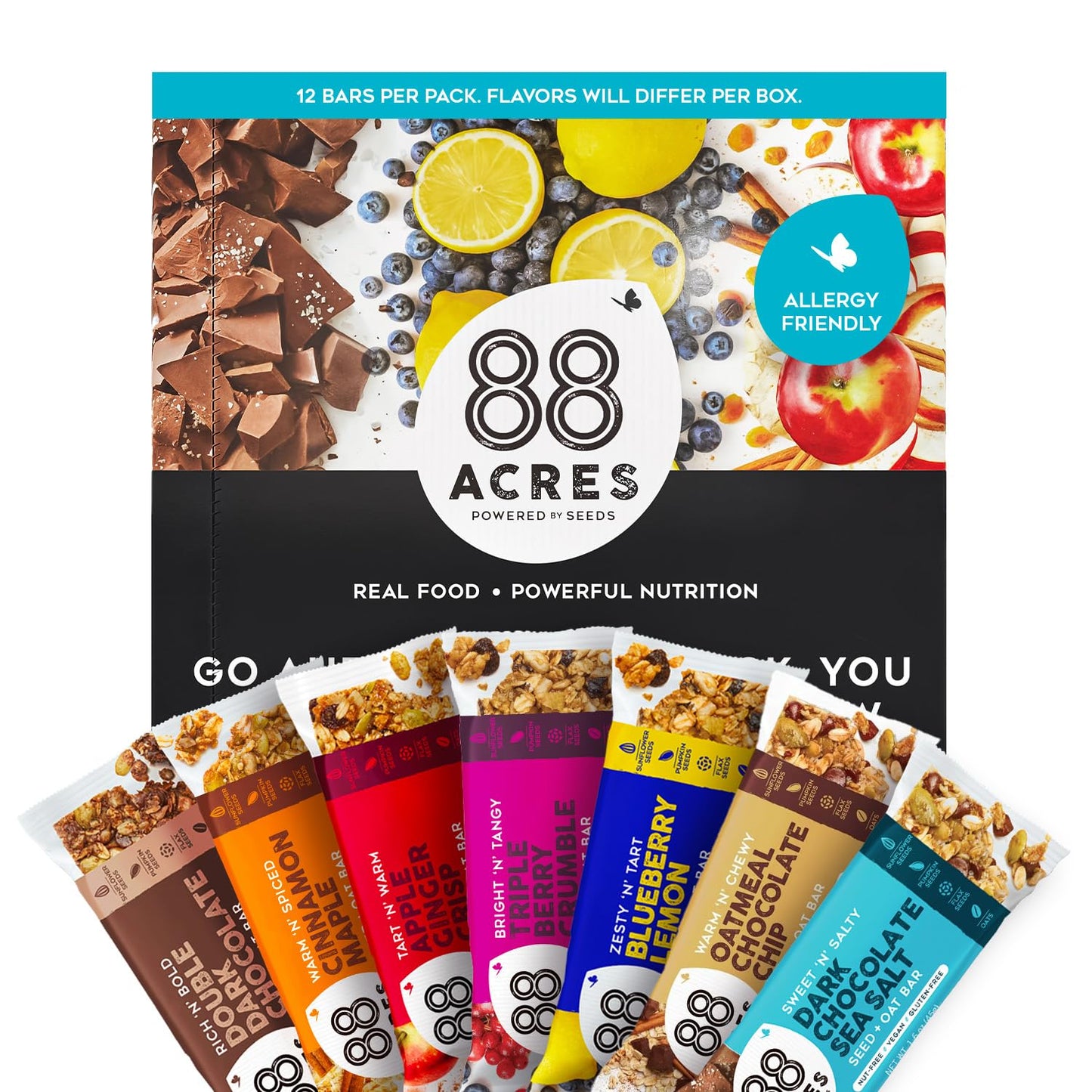 88 Acres Granola Bars, Dark Chocolate Sea Salt, 12 Count, Individually Wrapped, School Safe, Allergen Free