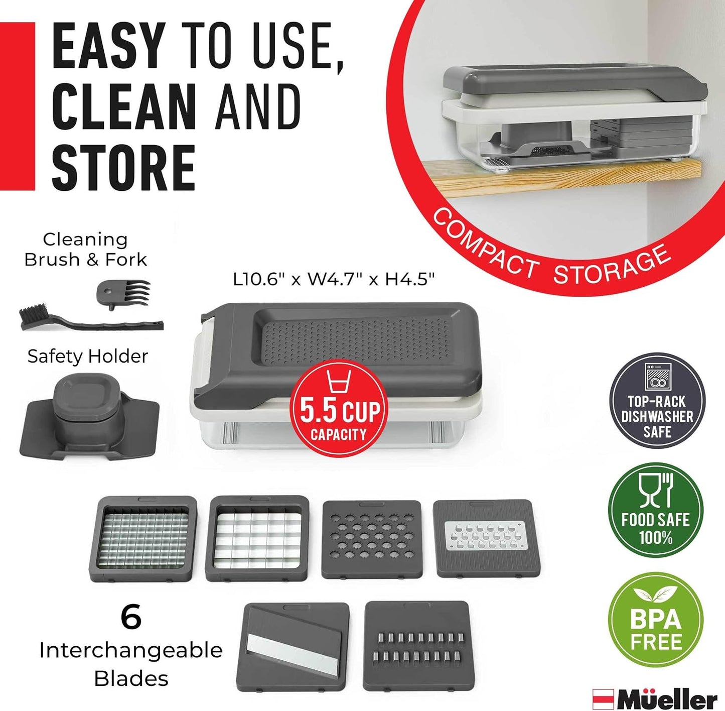 Mueller Vegetable Chopper Mandoline Slicer, Food Veggie Chopper | Cheese Grater, Onion Vegetable Cutter with Container, Dicer, Kitchen Gadgets & Essentials, White Sand/Grey