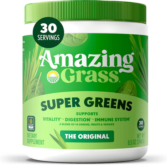 Amazing Grass Super Greens Powder, Organic, Greens Superfood Powder, Smoothie Supplements, Supports Digestion, Probiotics, Spirulina, Beet Root, Original, 30 Servings, 8.5 Ounce (Packaging May Vary)