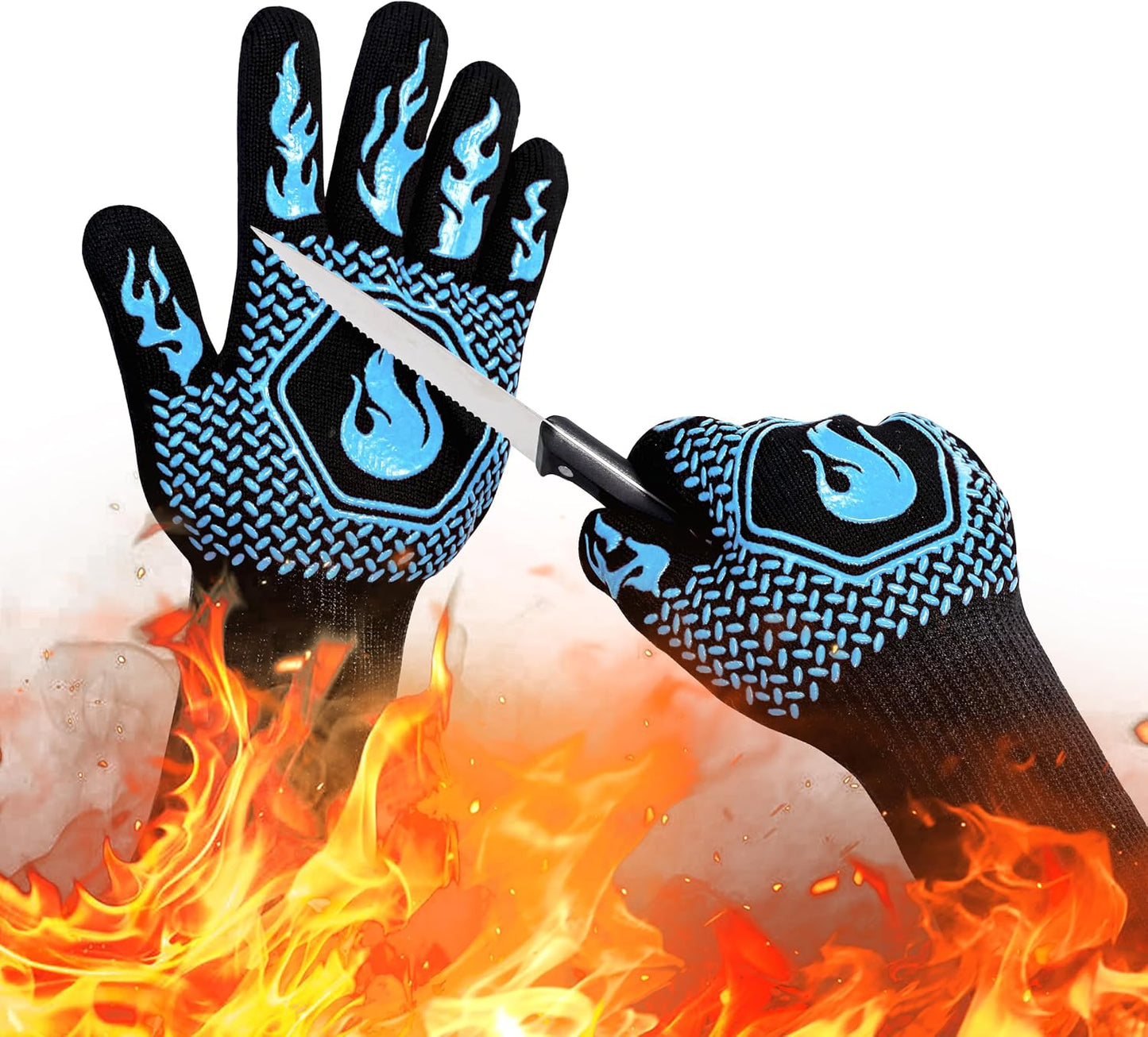 BBQ Gloves 1472F Heat Resistant Non-Slip Silicone 13.8in (Red) | Grill Cut-Resistant, Oven Kitchen Safe for Barbecue, Cooking, Frying, Oven Mitts