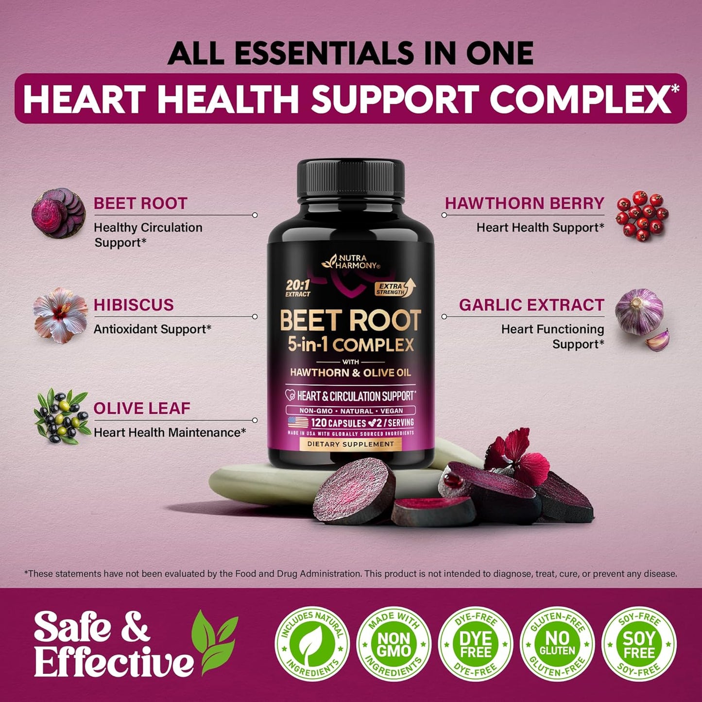 Beet Root 5-in-1 Complex Capsules - Healthy Blood Pressure Support Supplement** for Heart & Circulation Support - Olive Leaf, Hawthorn Berry & Hibiscus - for Men & Women - Lab Tested - 120 Capsules