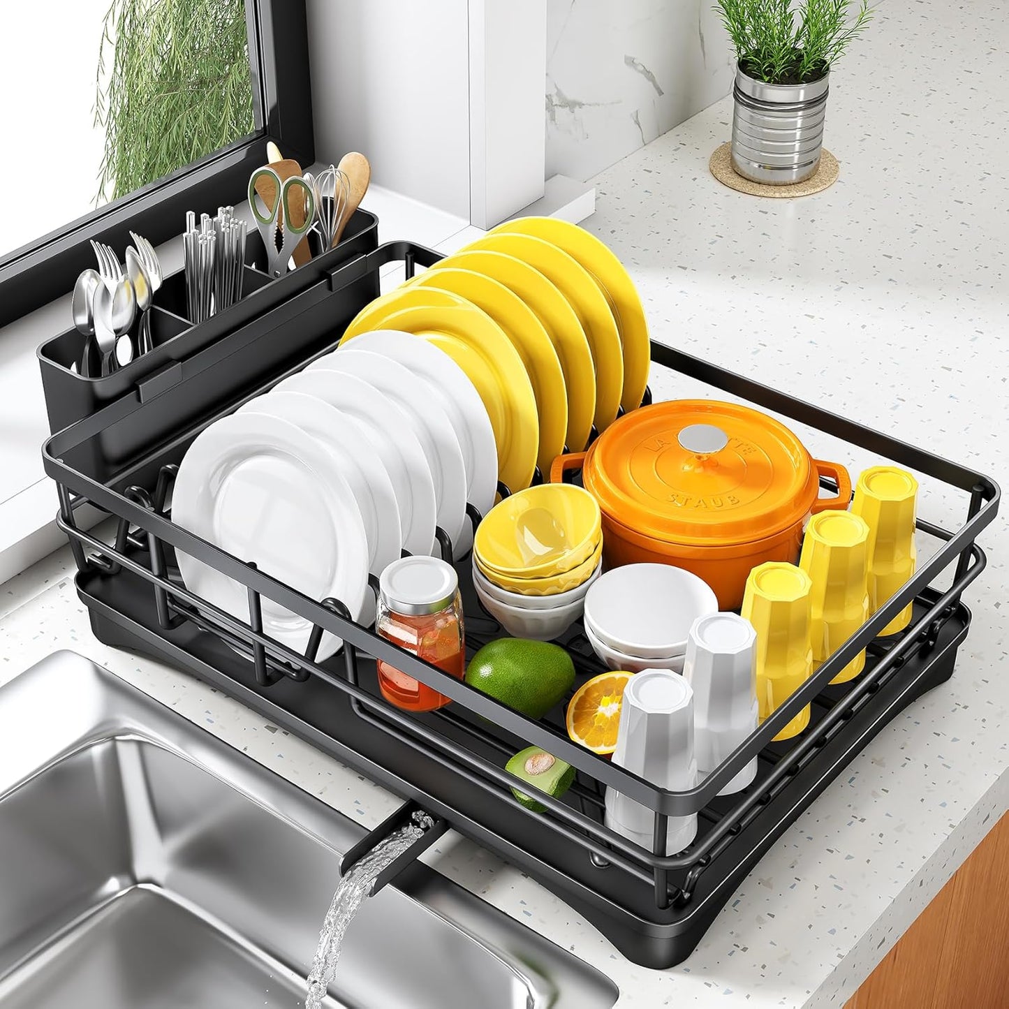 SNTD Dish Drying Rack for Kitchen Counter, 11.8" W x 16.7" L, Black | Rustproof Stainless Steel, Large Capacity, Angled Drainboard for Quick Drainage, Rotating Spout, Removable Utensil Holder