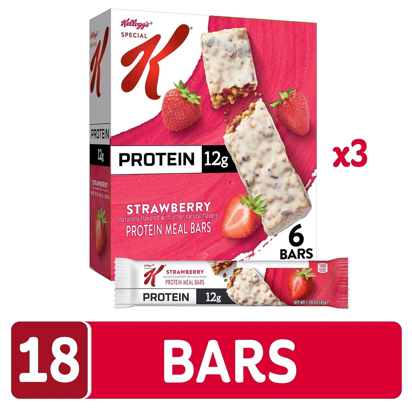 Special K Bar Protein Meal Bars, 12g Protein Snacks, Meal Replacement, Strawberry, 3 Boxes, 18 Bars