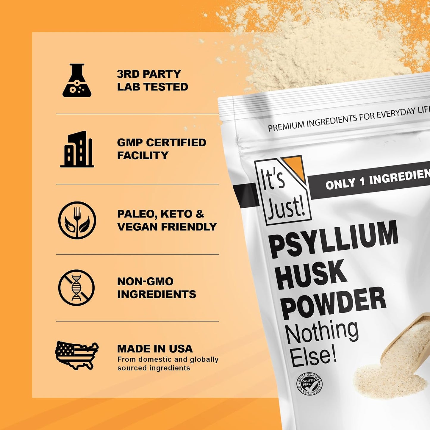 It's Just! - Psyllium Husk Powder, GLP-1 Friendly, Easy Mixing Dietary Fiber, Cleanse Your Digestive System, Finely Ground Powder, Ideal for Keto Baking, Non-GMO (Unflavored, 10oz (Pack of 1))
