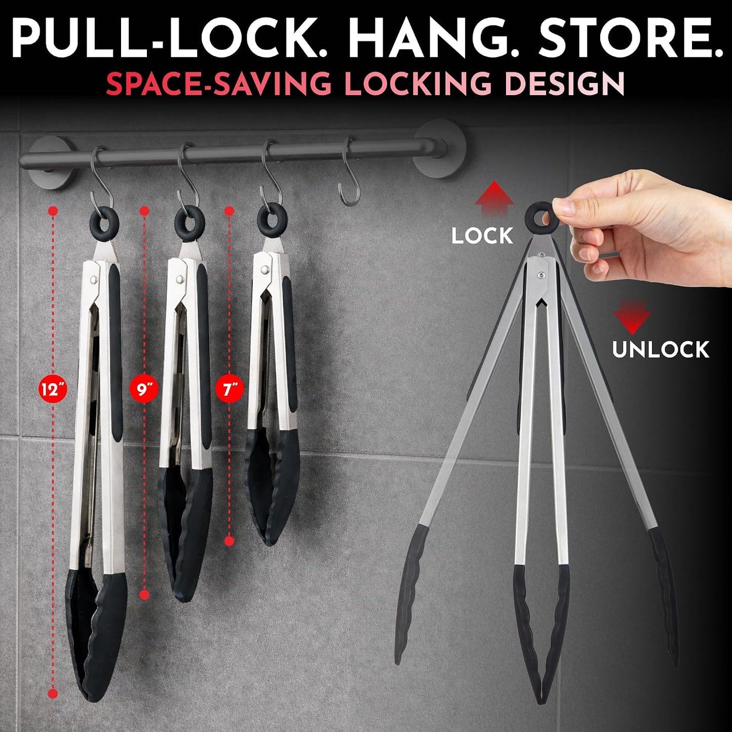 Kitchen Tongs with Silicone Tips Set of 3 Heat Resistant Tongs for Serving Food, 12-Inch, 9-Inch, 7-Inch Locking Silicone Tongs for Cooking, Salad Tong, Black Kitchen Utensils