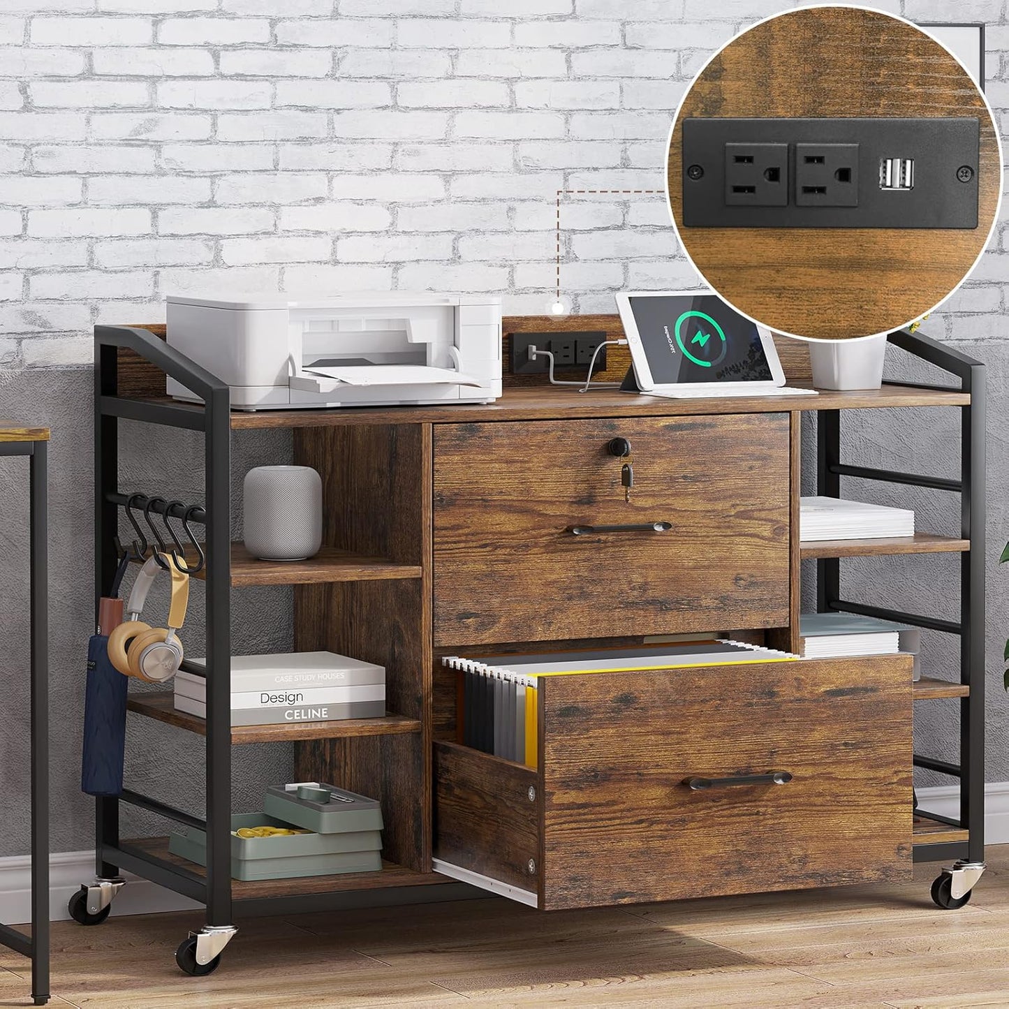 SEDETA 44" File Cabinet, Filing Cabinet fits Legal/Letter Size, 2 Drawer File Cabinets for Home Office with Lock, Power Strip, 6 Storage Shelves, Rustic Brown