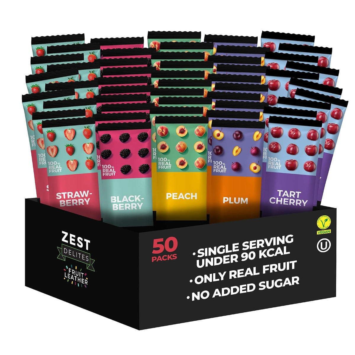Fruit Snacks by Zest Delites, Vegan Apple-Based Strips, 50 Pieces, 0.88 oz Each