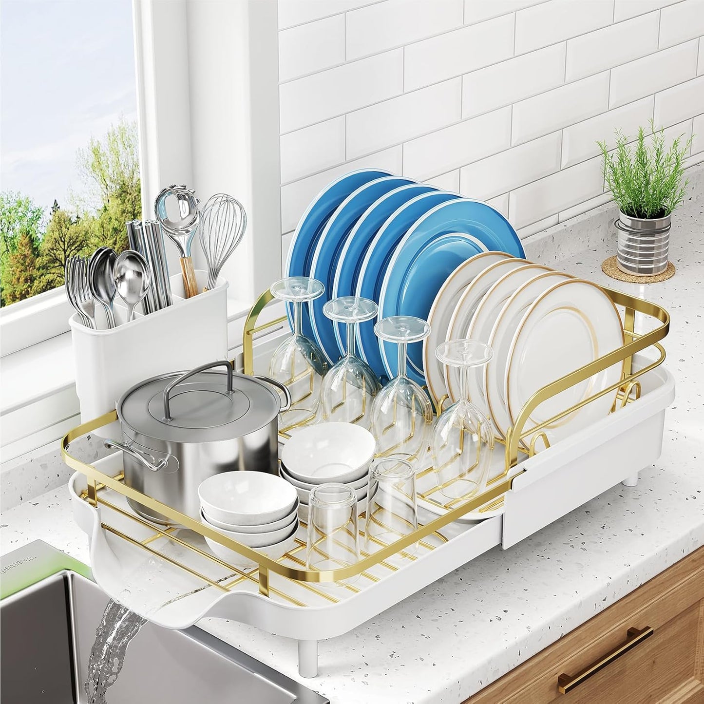 SNTD Expandable Dish Drying Rack for Kitchen Counter, 15.2-22.1 in, Black | Rust-Resistant Stainless Steel, Protective Side Rails, Self-Draining Drainboard, Removable Utensil Holder
