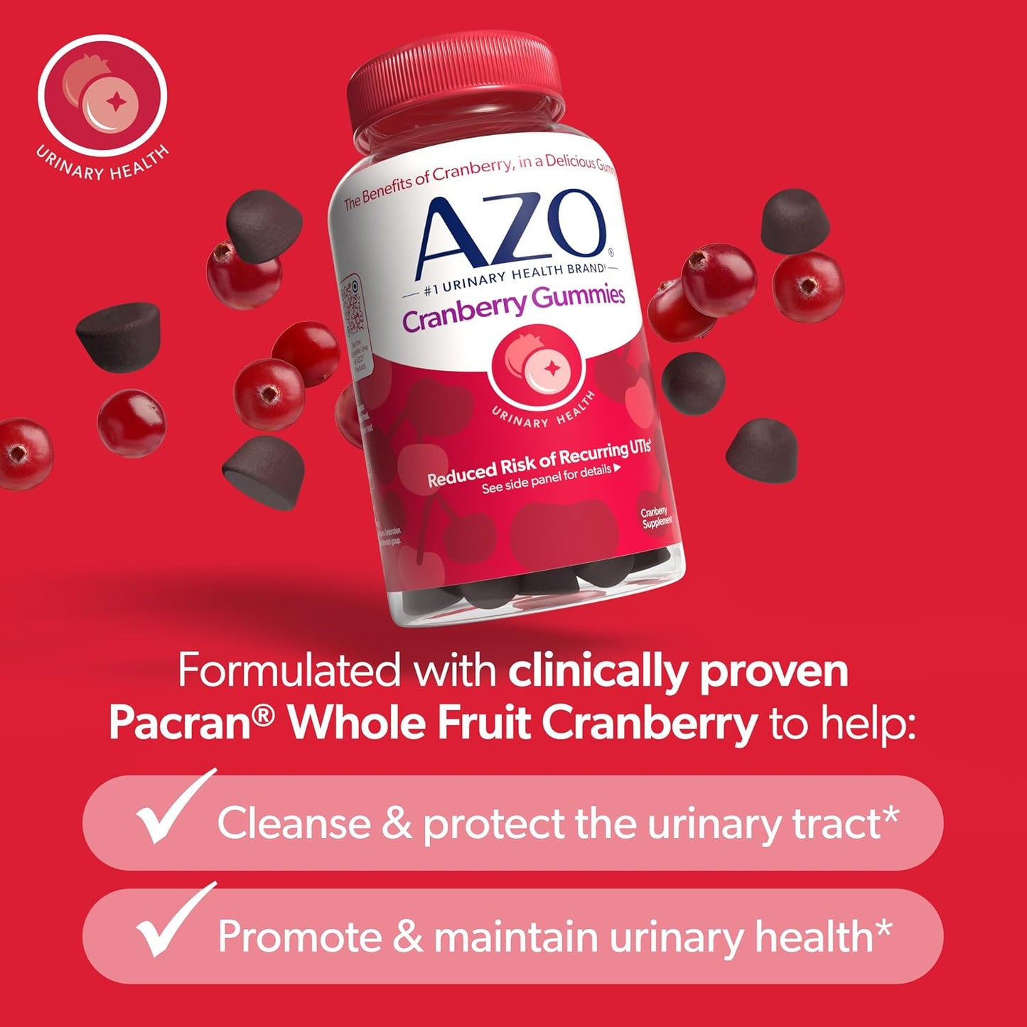 AZO Cranberry Urinary Tract Health Gummies Dietary Supplement, 2 Gummies = 1 Glass of Cranberry Juice, Helps Cleanse & Protect, Natural Berrylicious Flavor, Non-GMO, 72 Gummies