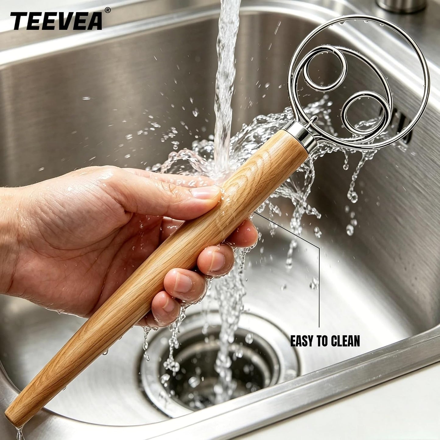 TEEVEA Danish Dough Whisk Stainless Steel Wooden Handle for Sourdough Bread | 4-Loop Food-Grade Steel Dutch Whisk, Even Mixing, Replaces Dough Hook and Mixing Spoon, Nonstick Easy Clean, Sourdough Mixer