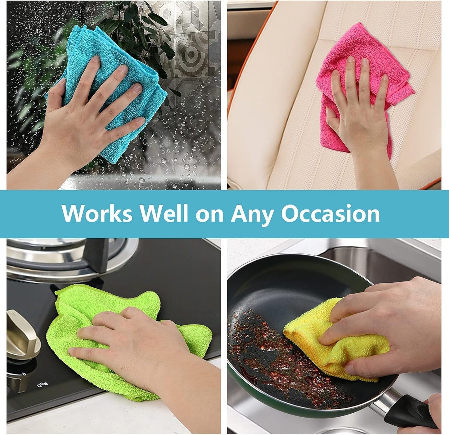 HOMEXCEL 12PK Microfiber Cleaning Cloth, Cleaning Rag for Home, 11.5x11.5in | Reusable, Lint Free, Scratch-Free and Highly Absorbent Towels for Kitchen, Window and Glass, Cars (Green/Blue/Yellow/Pink)