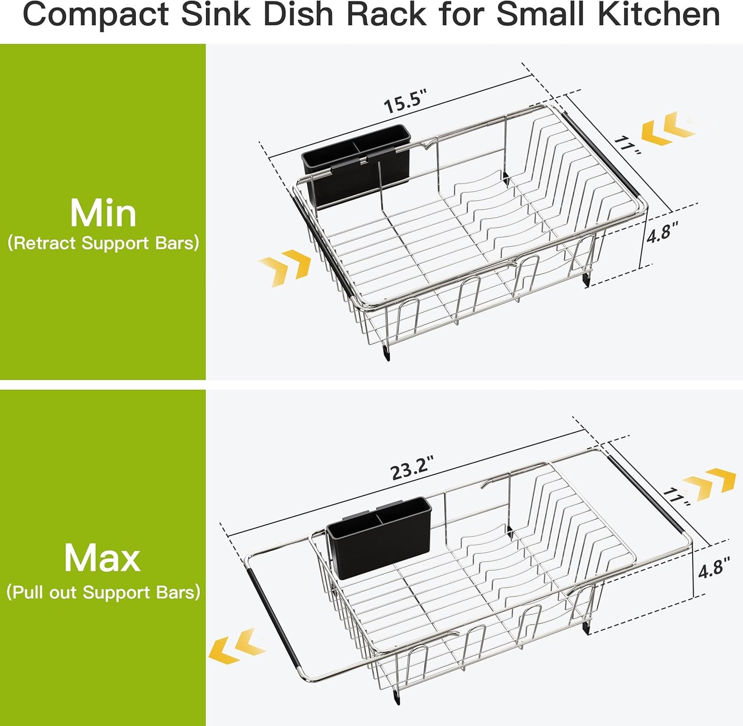 JASIWAY Dish Drying Rack in Sink, Dish Drainer with Cup and Utensil Holder | Over The Sink Expandable Stainless Steel Strainer Dryer Rack for Small Kitchen, Counter Space Saving, Fast Drain, Rustproof