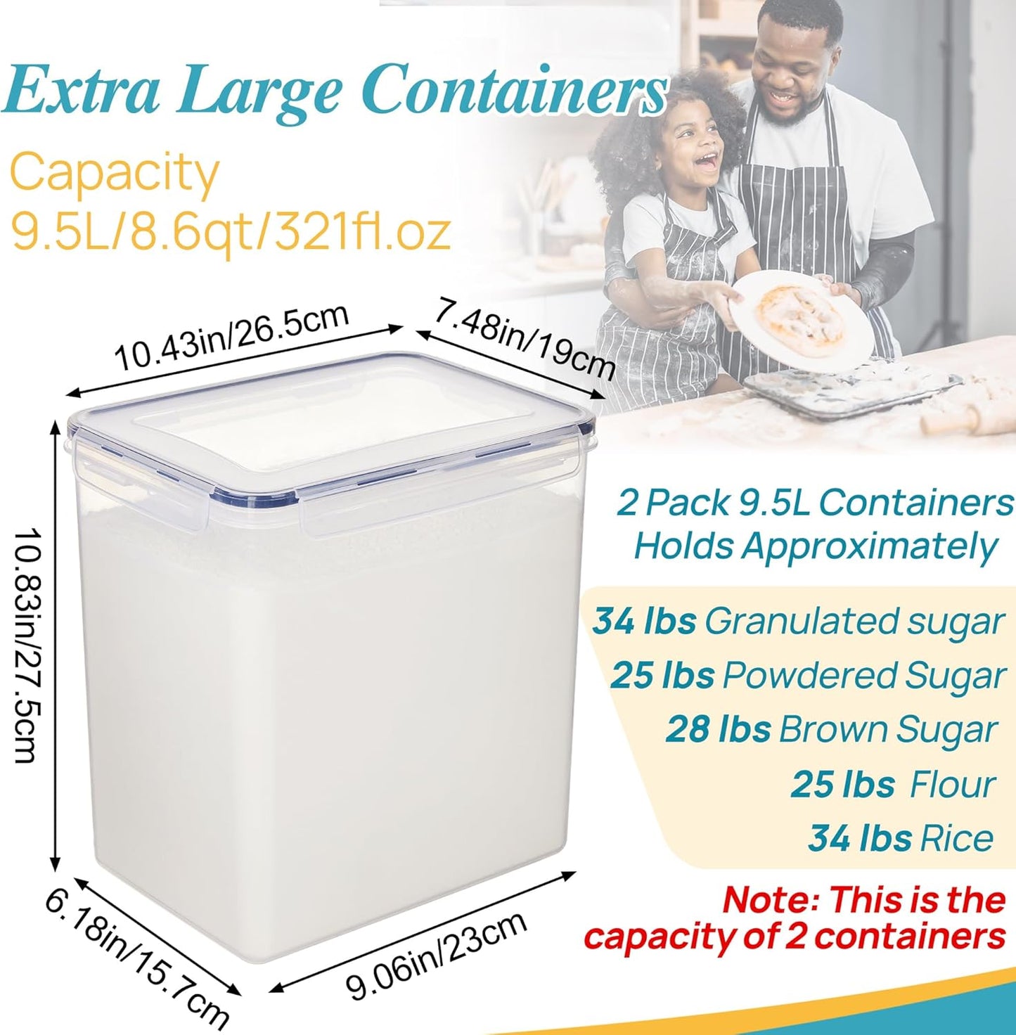Vtopmart 9.5L 2 Pack Extra Large Flour Sugar Storage Containers for 25lbs flour, Airtight Kitchen Pantry Organization Canisters with Lids for Bulk food, Rice, Baking Supplies, BPA Free, Black