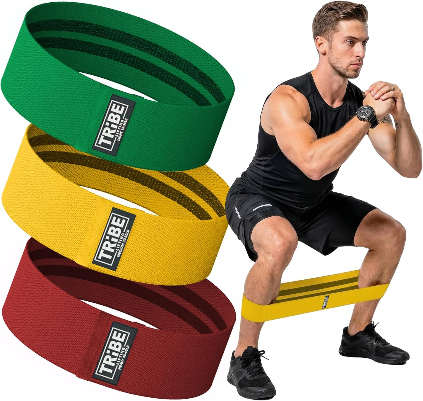Tribe Fabric Resistance Bands - 3 Pack for Workout, Booty, Legs & Glute - Non-Slip Exercise Bands