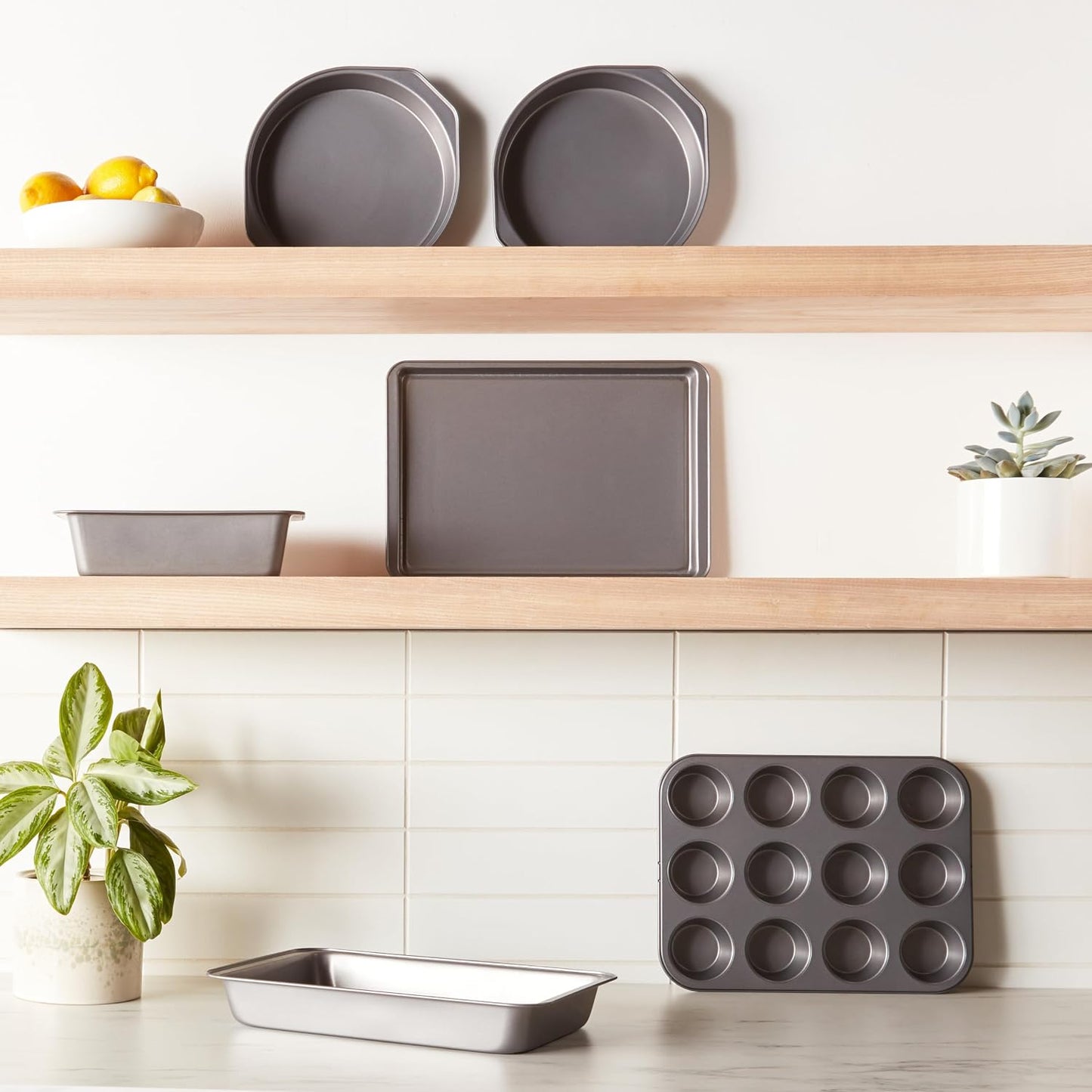 Amazon Basics 6 Piece Nonstick Carbon Steel Bakeware Set with Cake, Muffin, Cookie, and Loaf Pans, Easy Release, Oven Safe, 16.25 x 11.75 x 6.25 inches